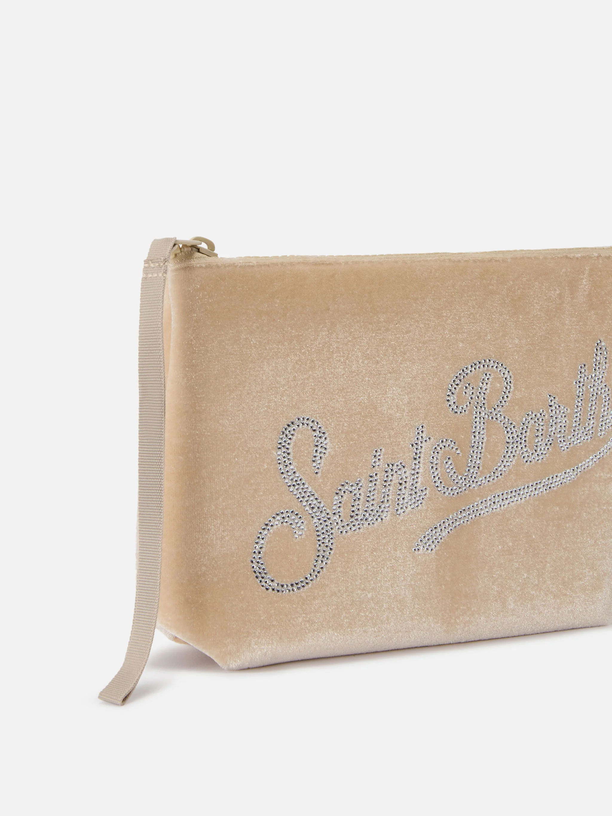 Pochette Aline in scuba effetto velluto beige con logo strass - Image 2