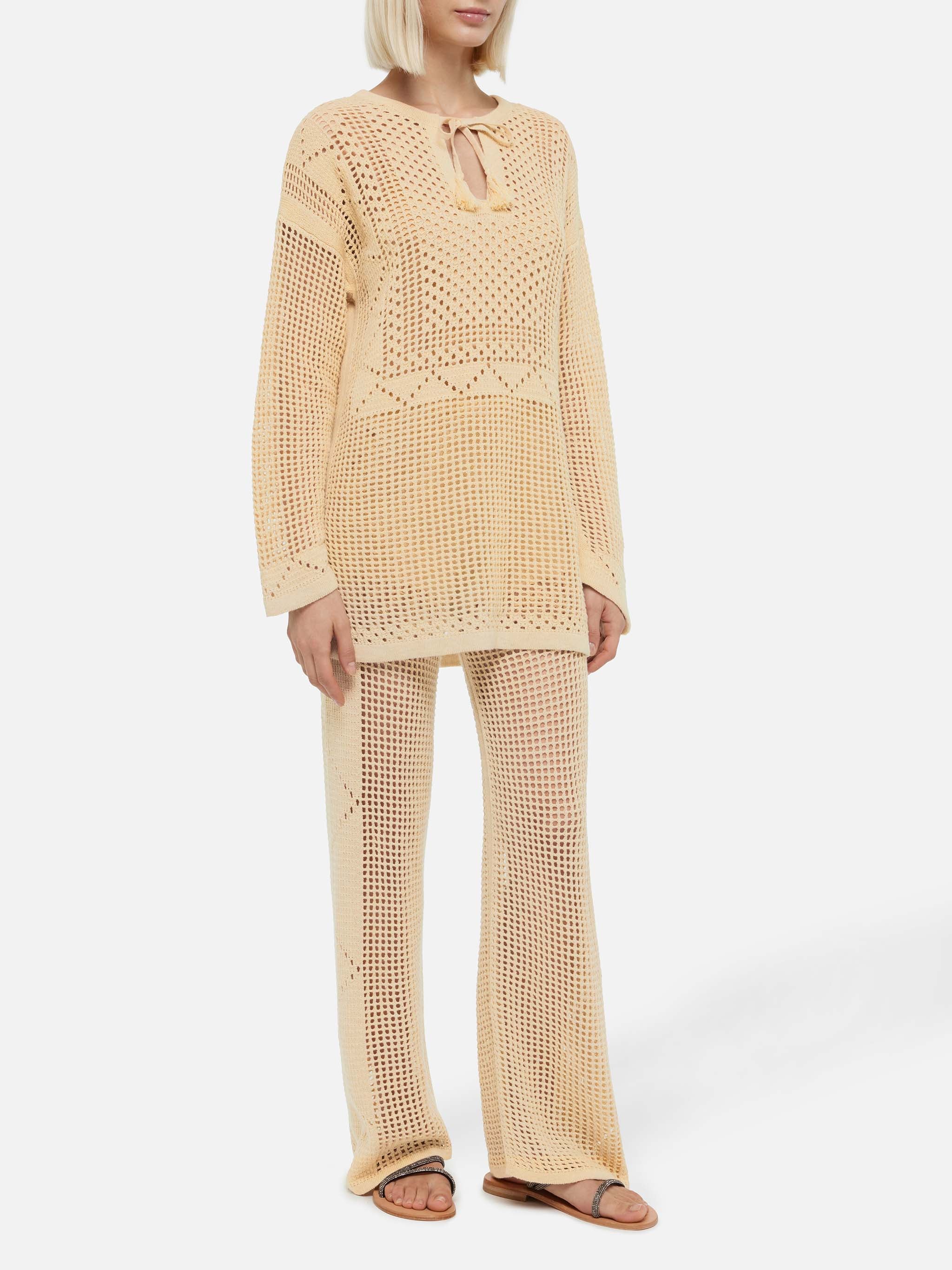 Pantaloni flare in crochet beige Alva - Image 2