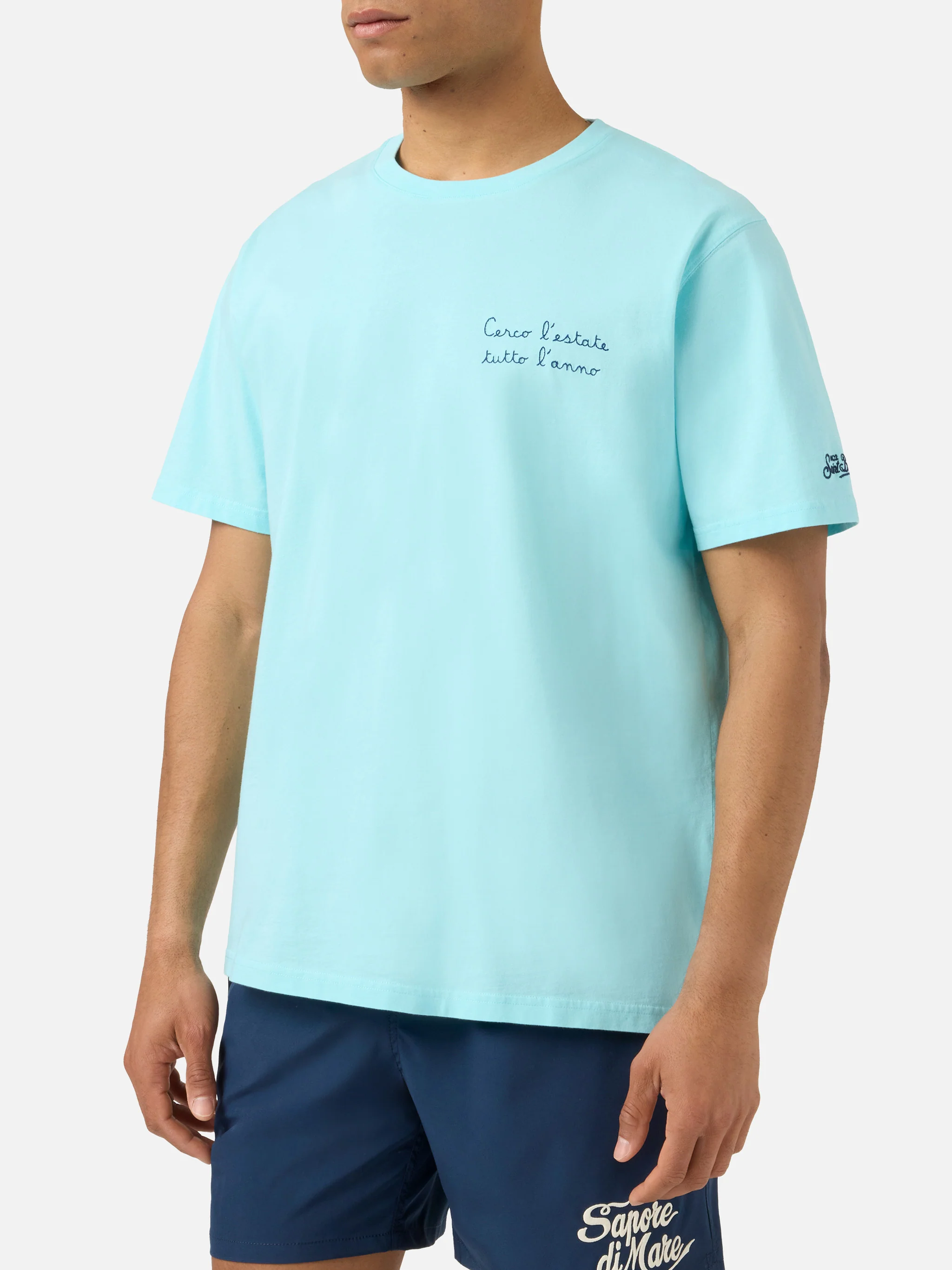 T-shirt Portofino turchese chiaro con ricamo Cerco L'estate Tutto L'anno - Image 3