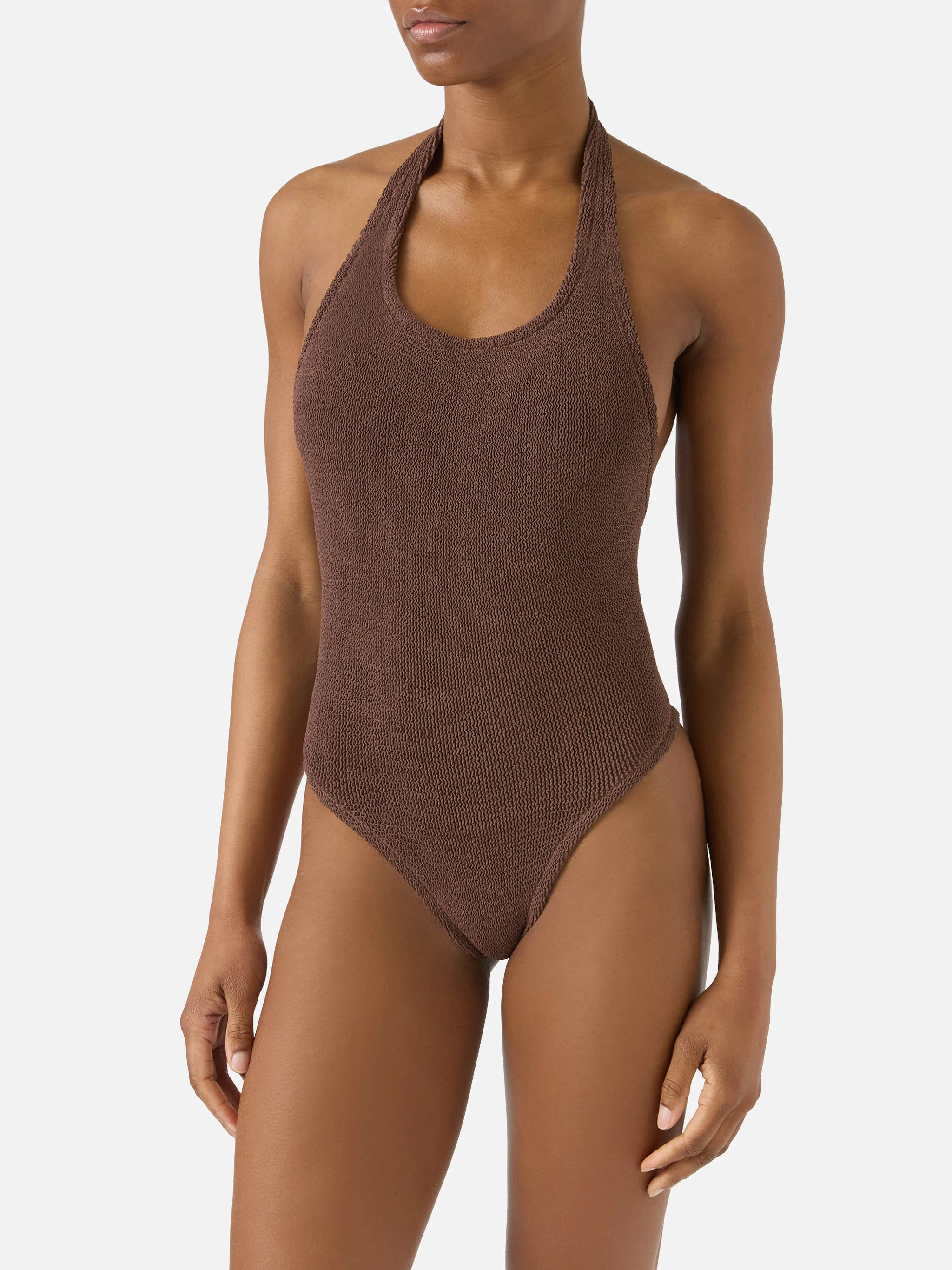 Costume intero Aria in tessuto crinkle marrone - Image 2