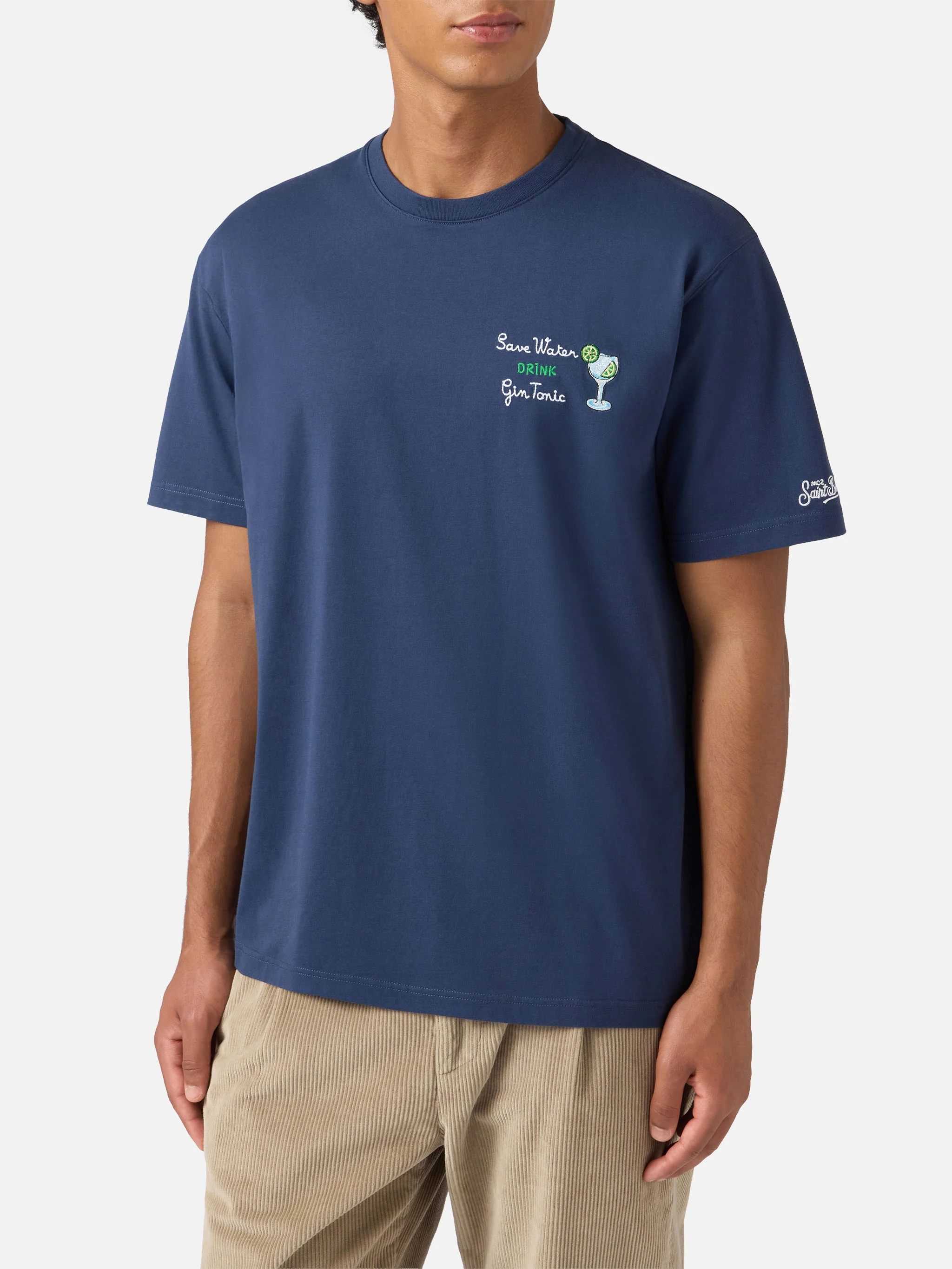 T-shirt Arnott in cotone blu con ricamo Save water drink Gin Tonic - Image 2