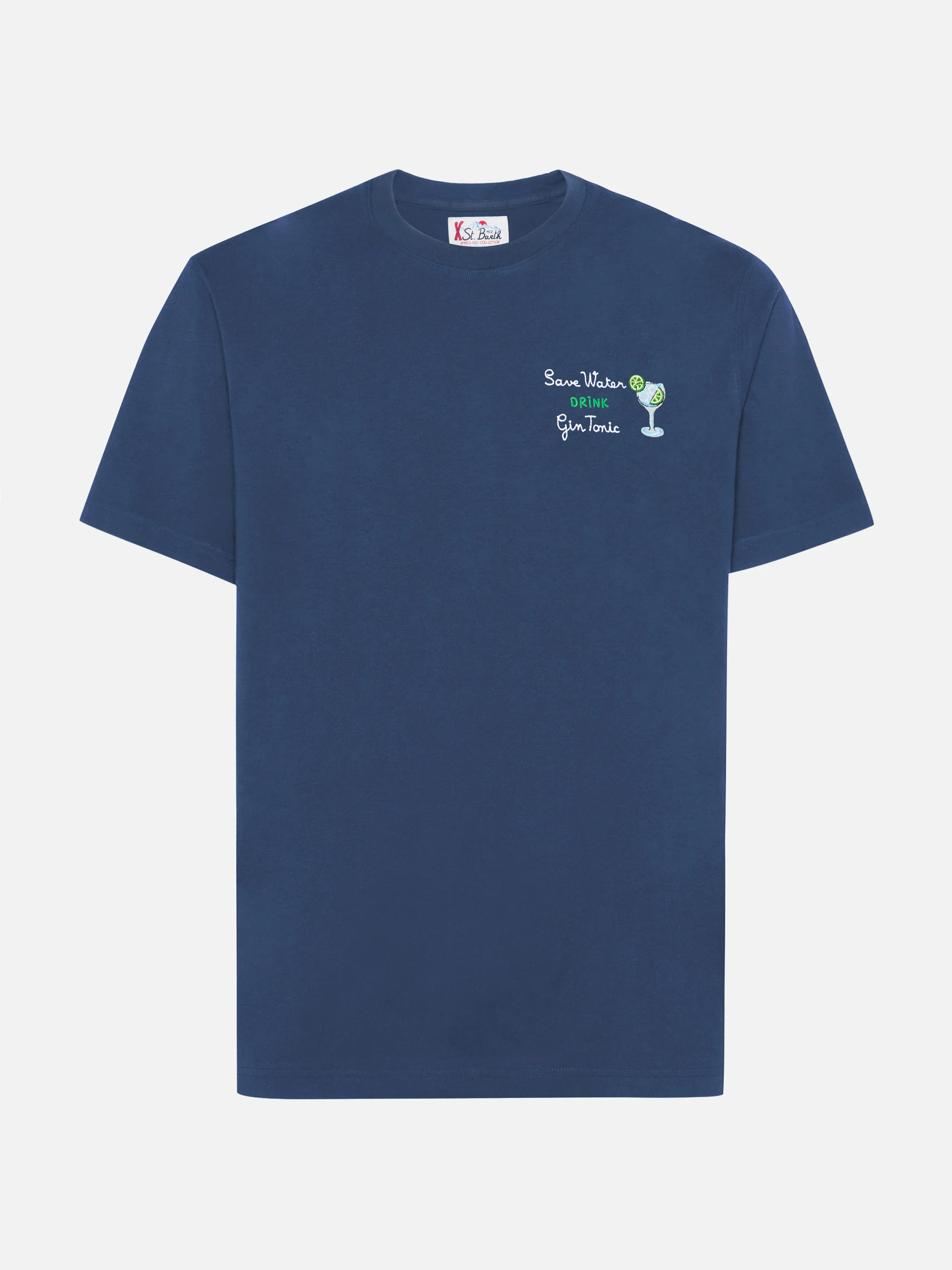 T-shirt Arnott in cotone blu con ricamo Save water drink Gin Tonic - Image 4