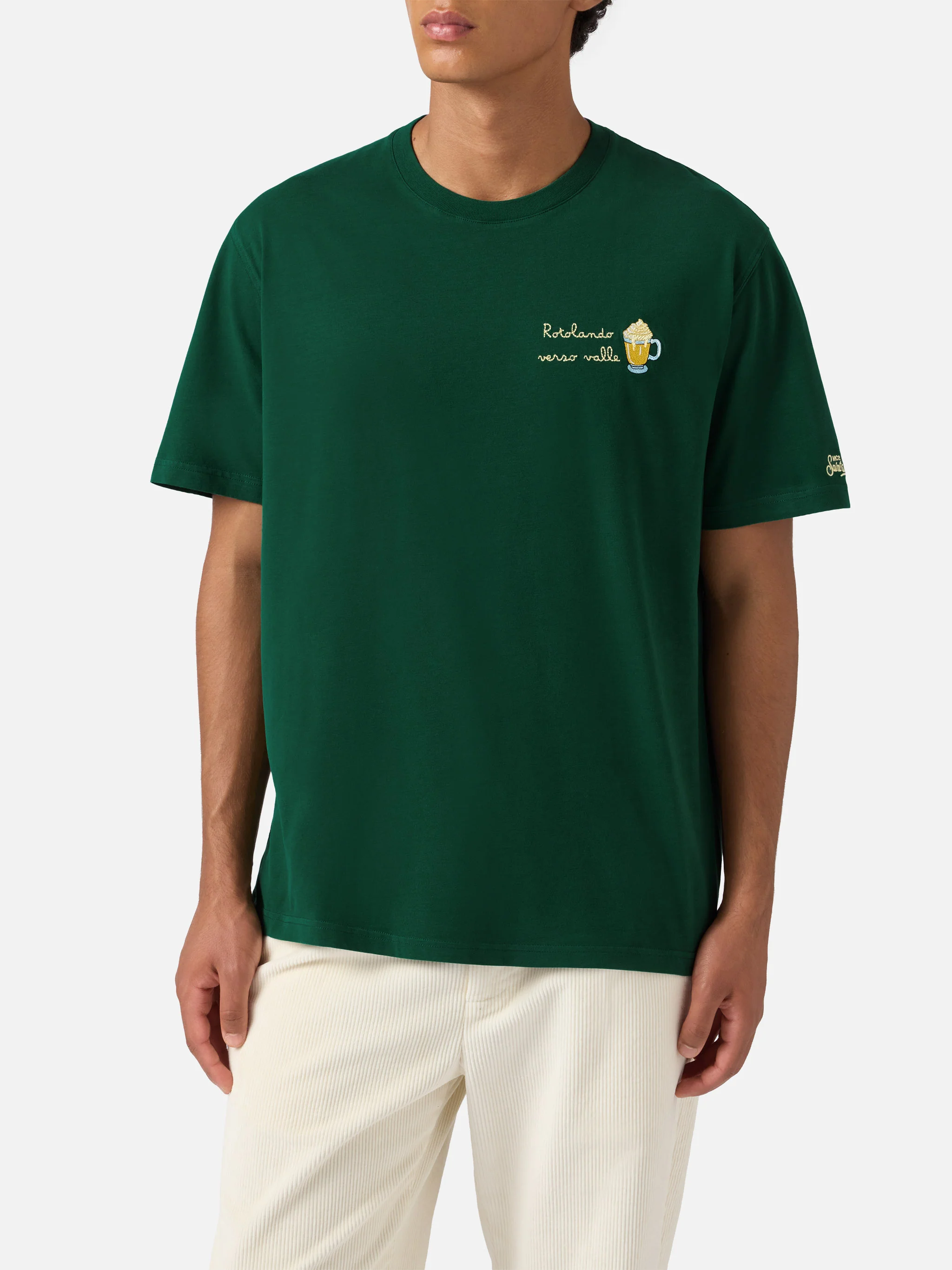 T-shirt Arnott warm touch in cotone verde con ricamo Rotolando verso valle - Image 3
