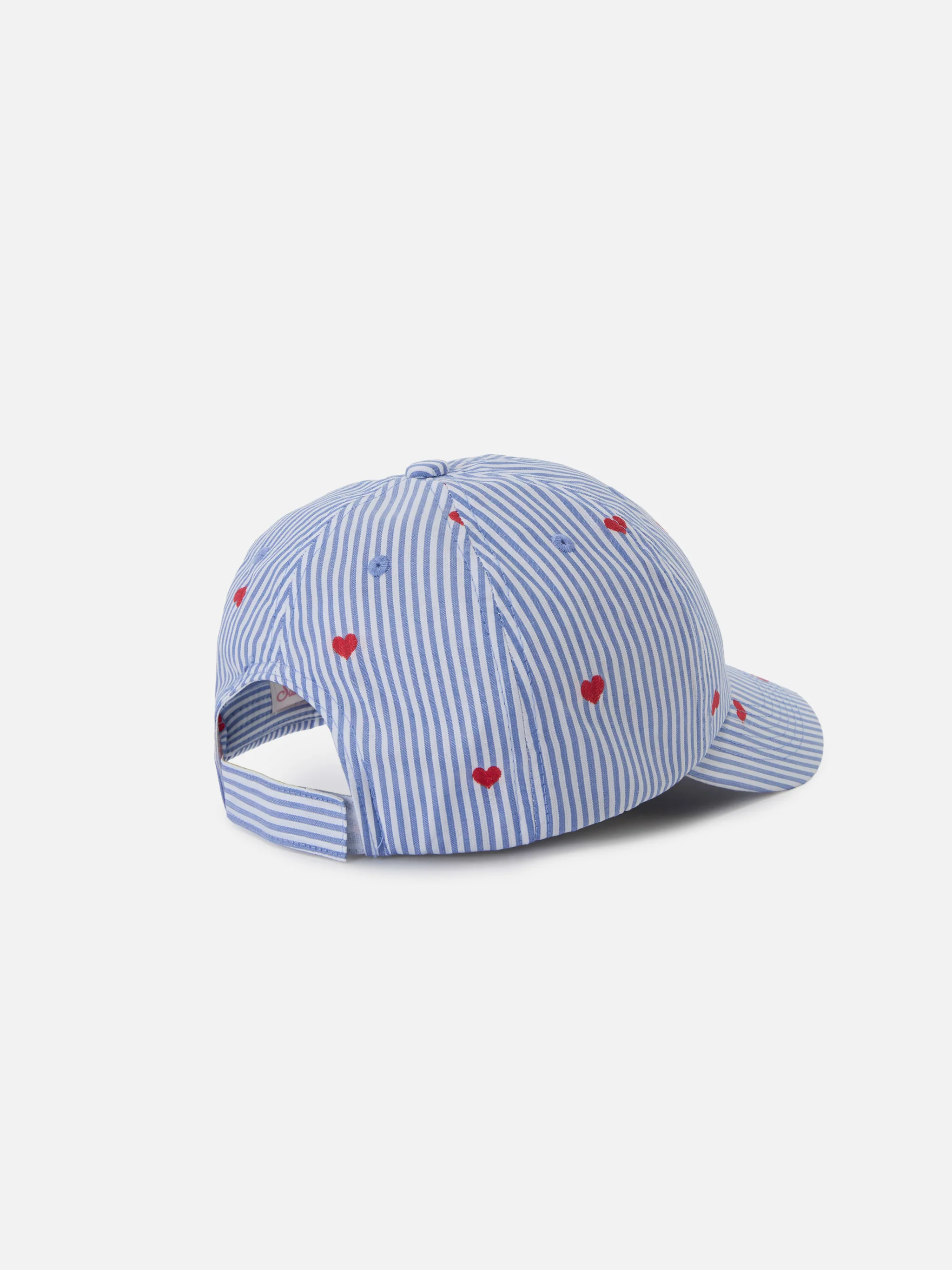 Cappellino Baseball con visiera in cotone a righe azzurre e bianche con cuori ricamati - Image 3