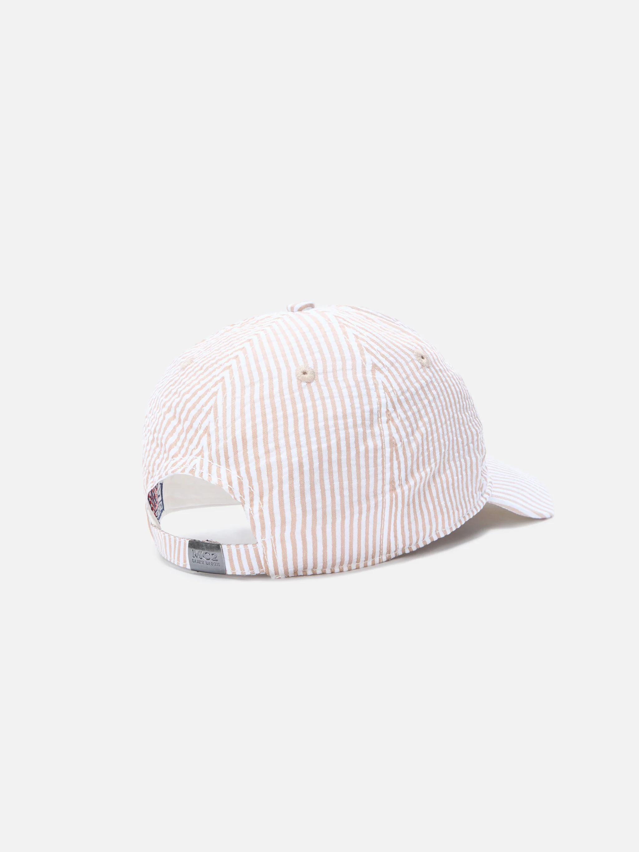 Cappellino Baseball con visiera in cotone seersucker a righe beige e bianche - Image 3