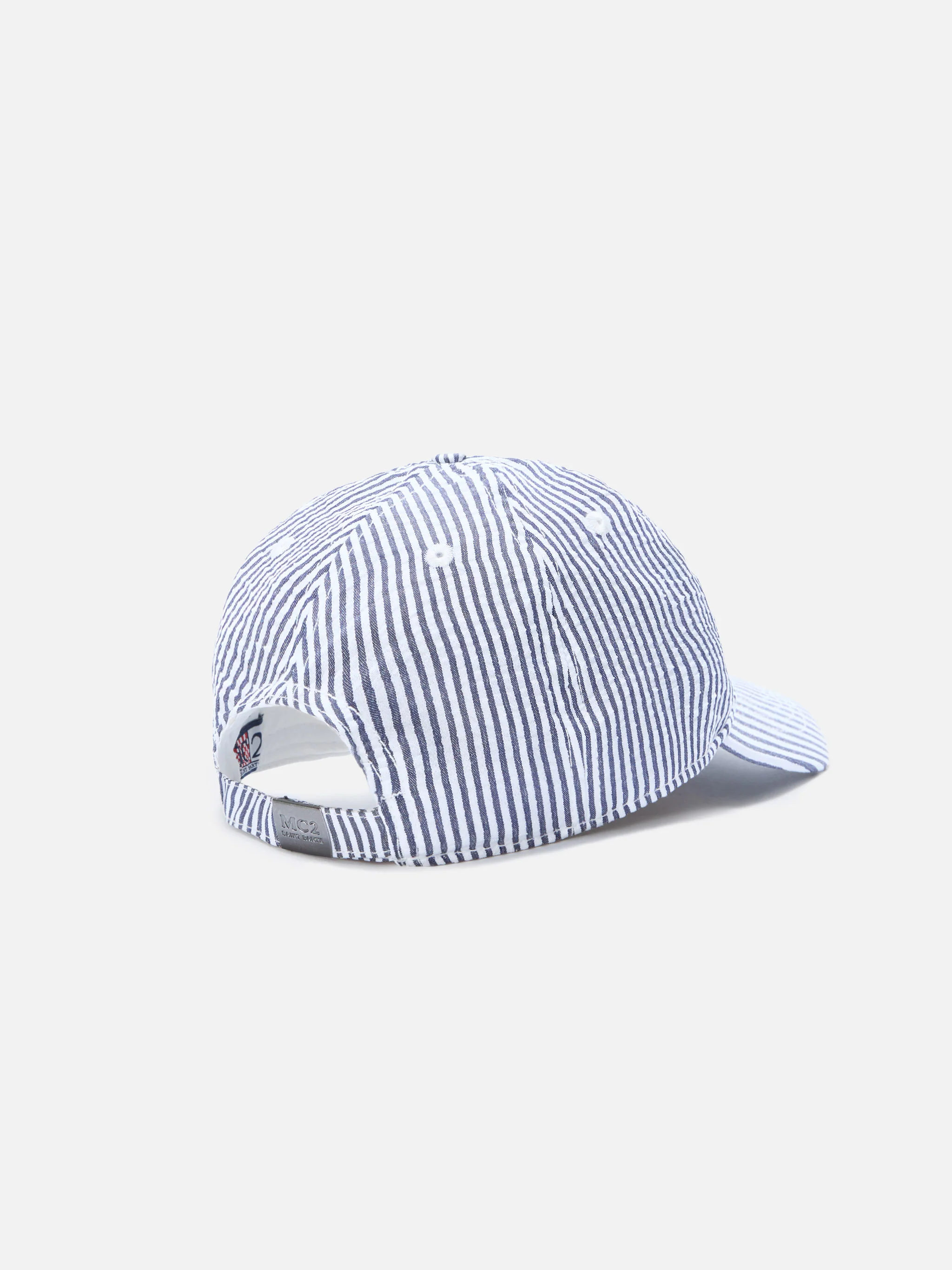 Cappellino Baseball con visiera in cotone seersucker a righe blu e bianche - Image 3