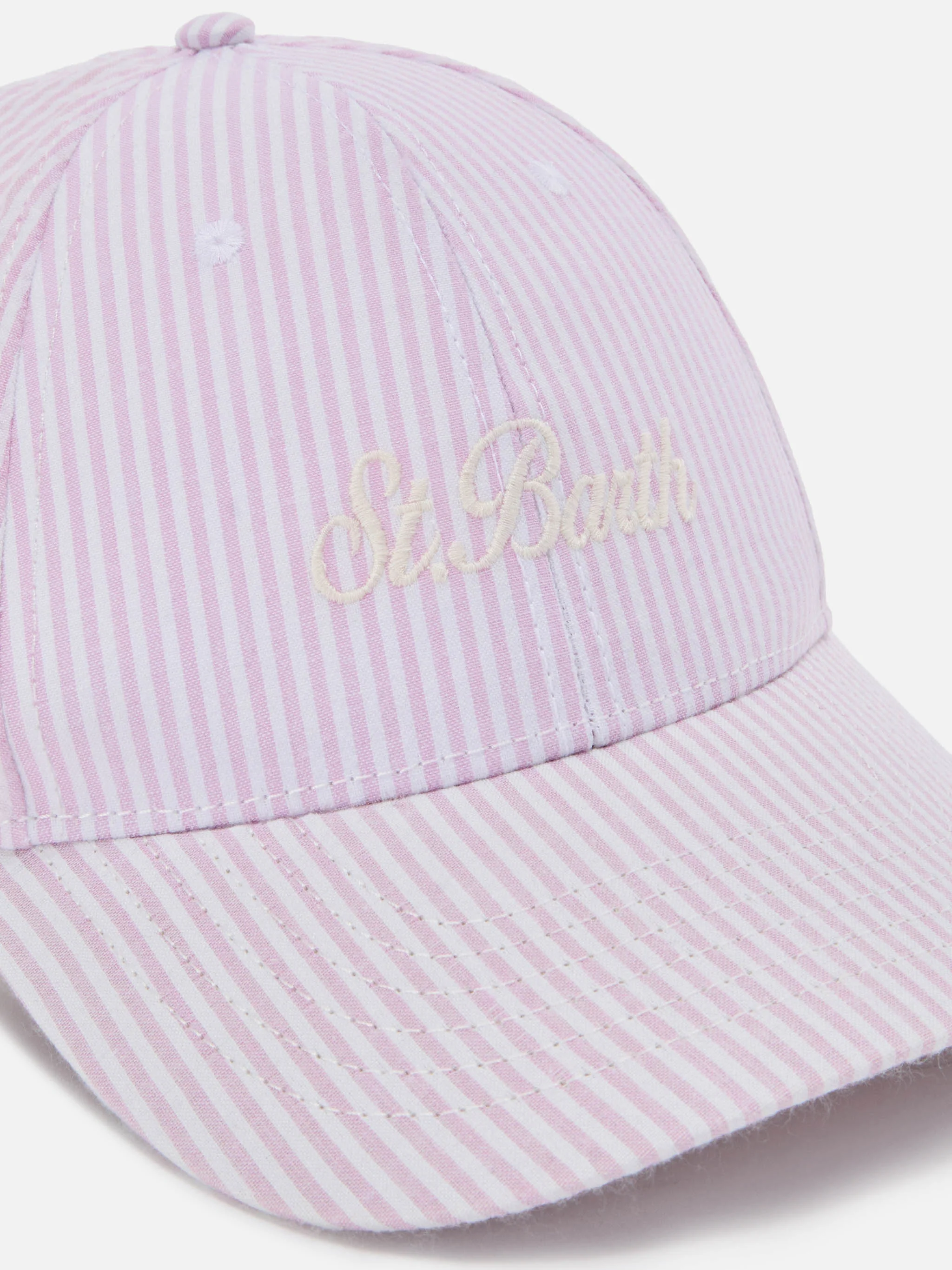 Cappellino Baseball con visiera in cotone seersucker a righe rosa e bianche - Image 2