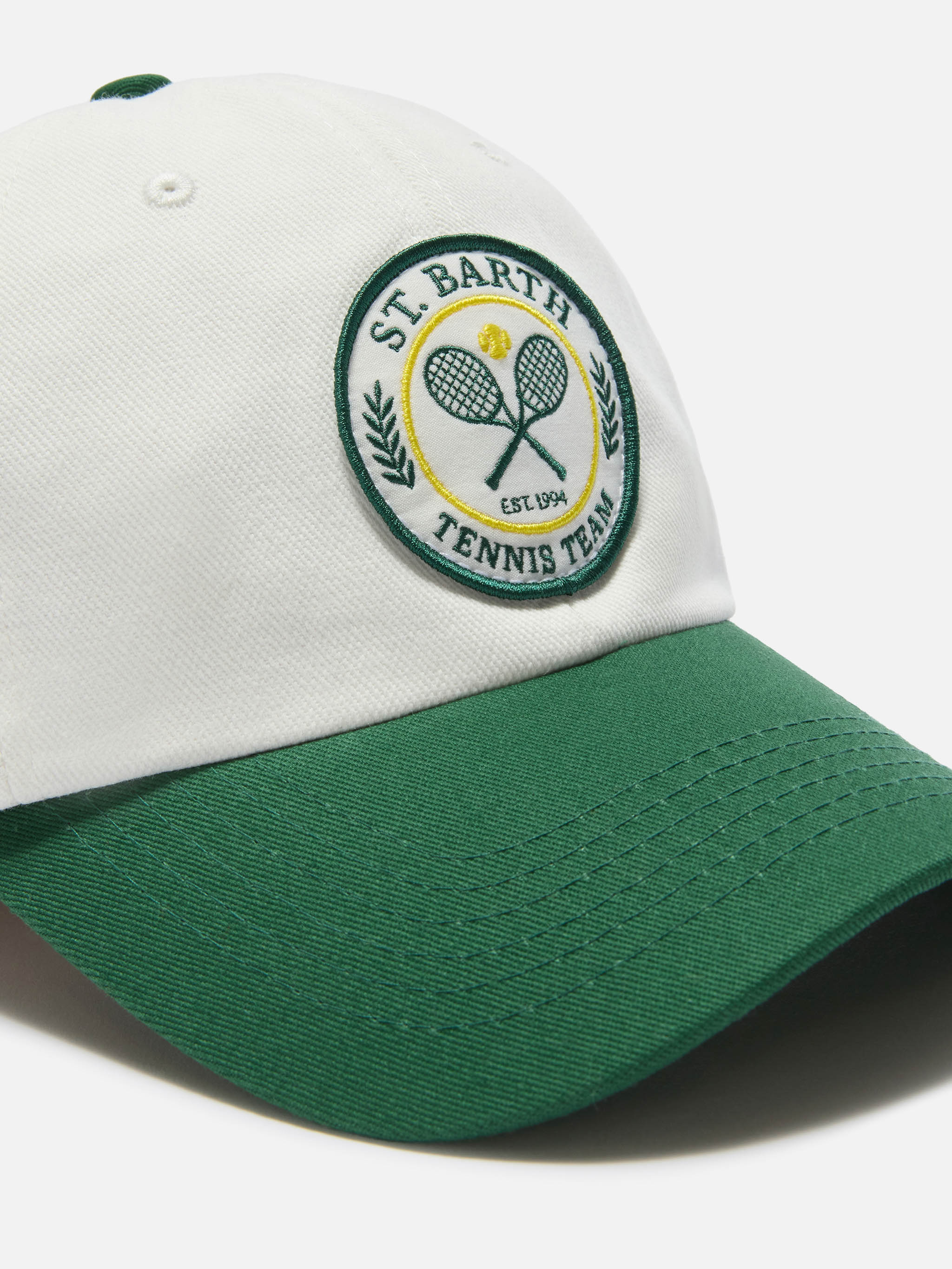 Cappellino Baseball con visiera in cotone bianco e verde con patch Tennis Team - Image 2