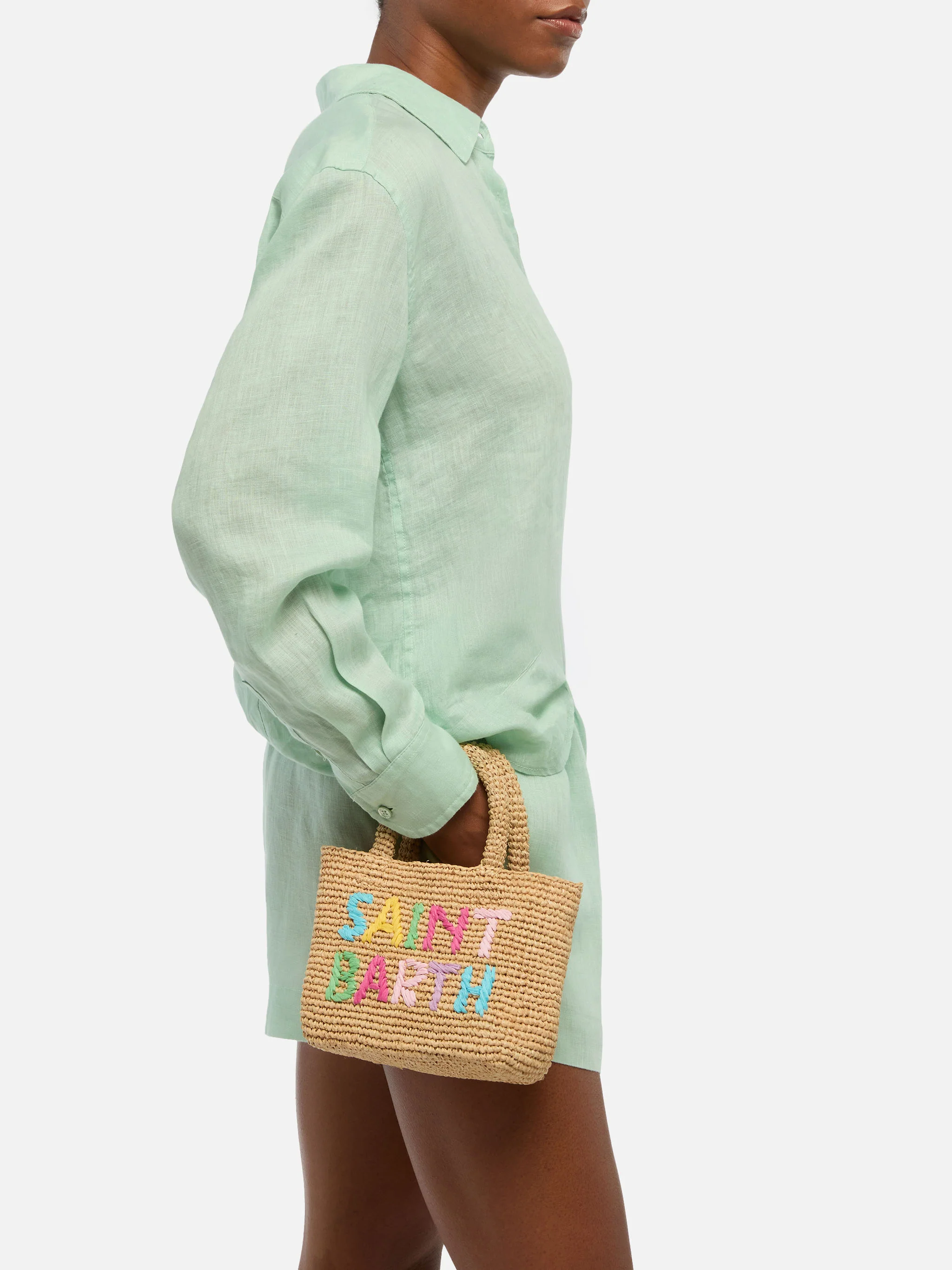 Borsa Beach mini in raffia con logo ricamato multicolor - Image 2