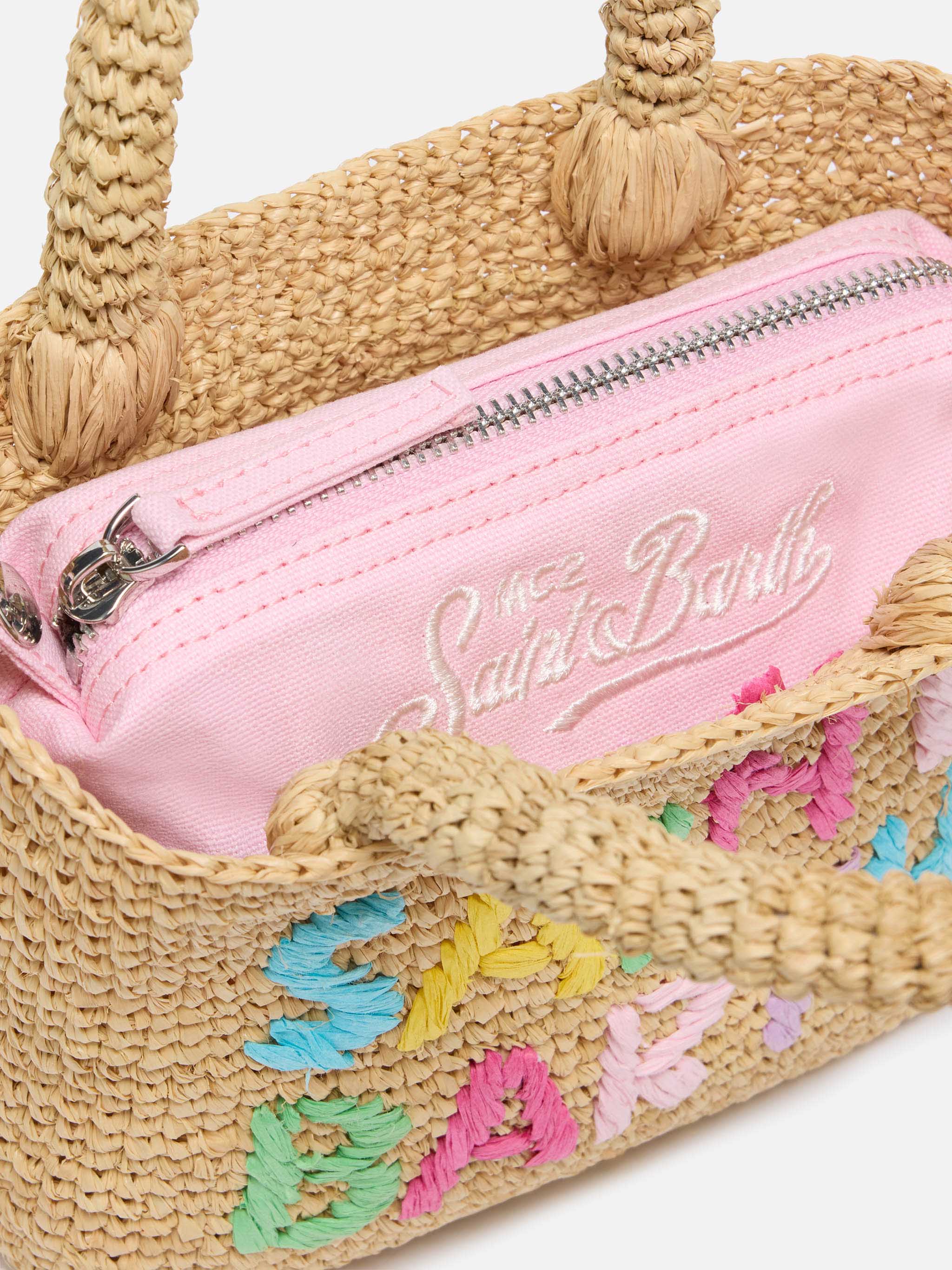Borsa Beach mini in raffia con logo ricamato multicolor - Image 4