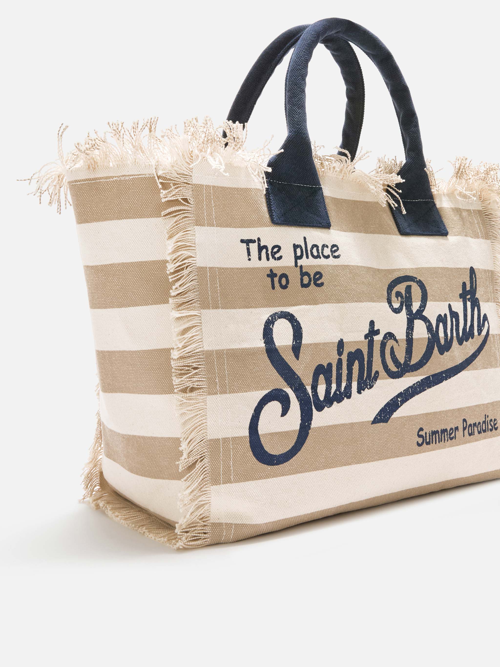 Borsa Vanity regular in canvas a righe orizzontali beige - Image 3