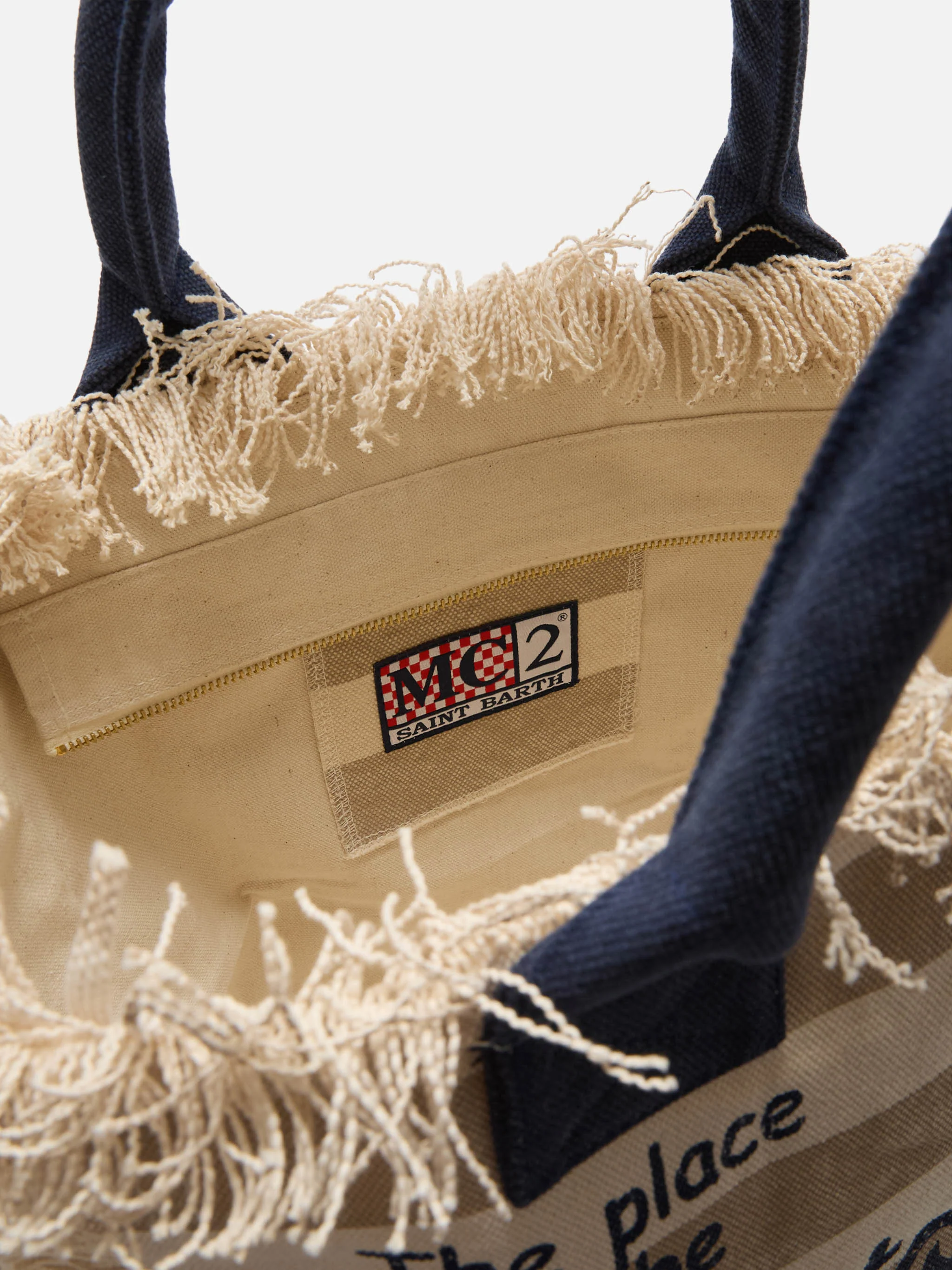Borsa Vanity regular in canvas a righe orizzontali beige - Image 4