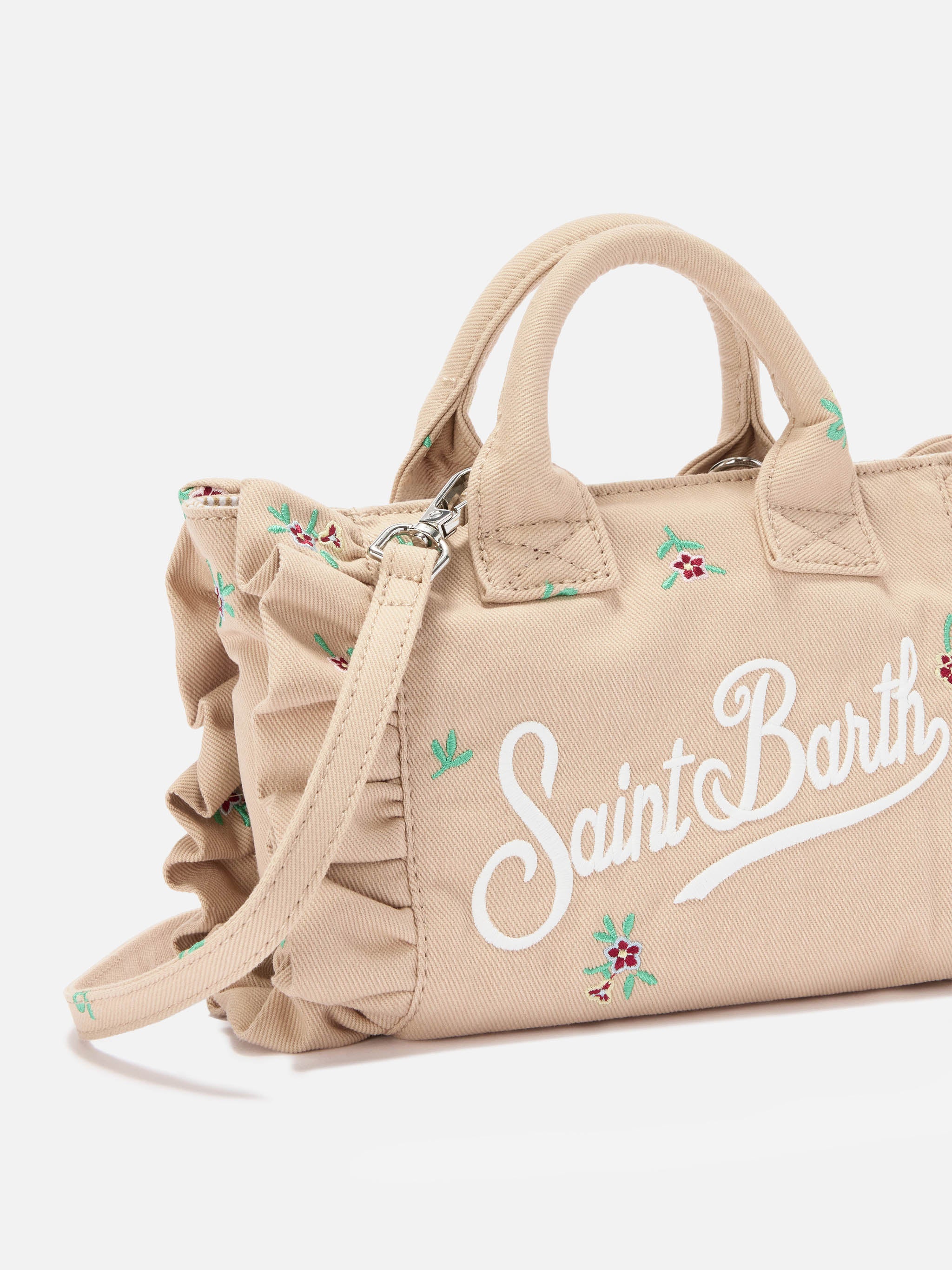 Borsa Vanity mini volant in denim beige con fiori ricamati - Image 3