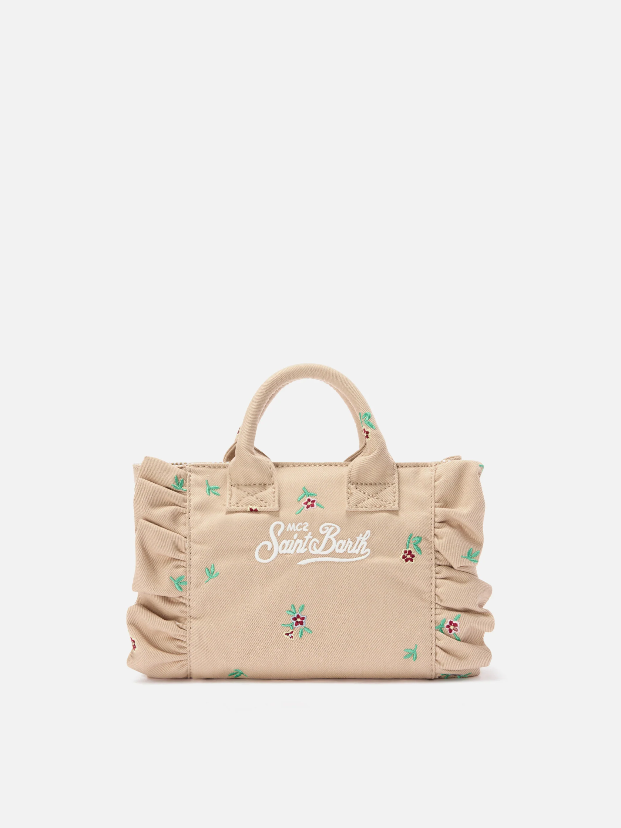 Borsa Vanity mini volant in denim beige con fiori ricamati - Image 4
