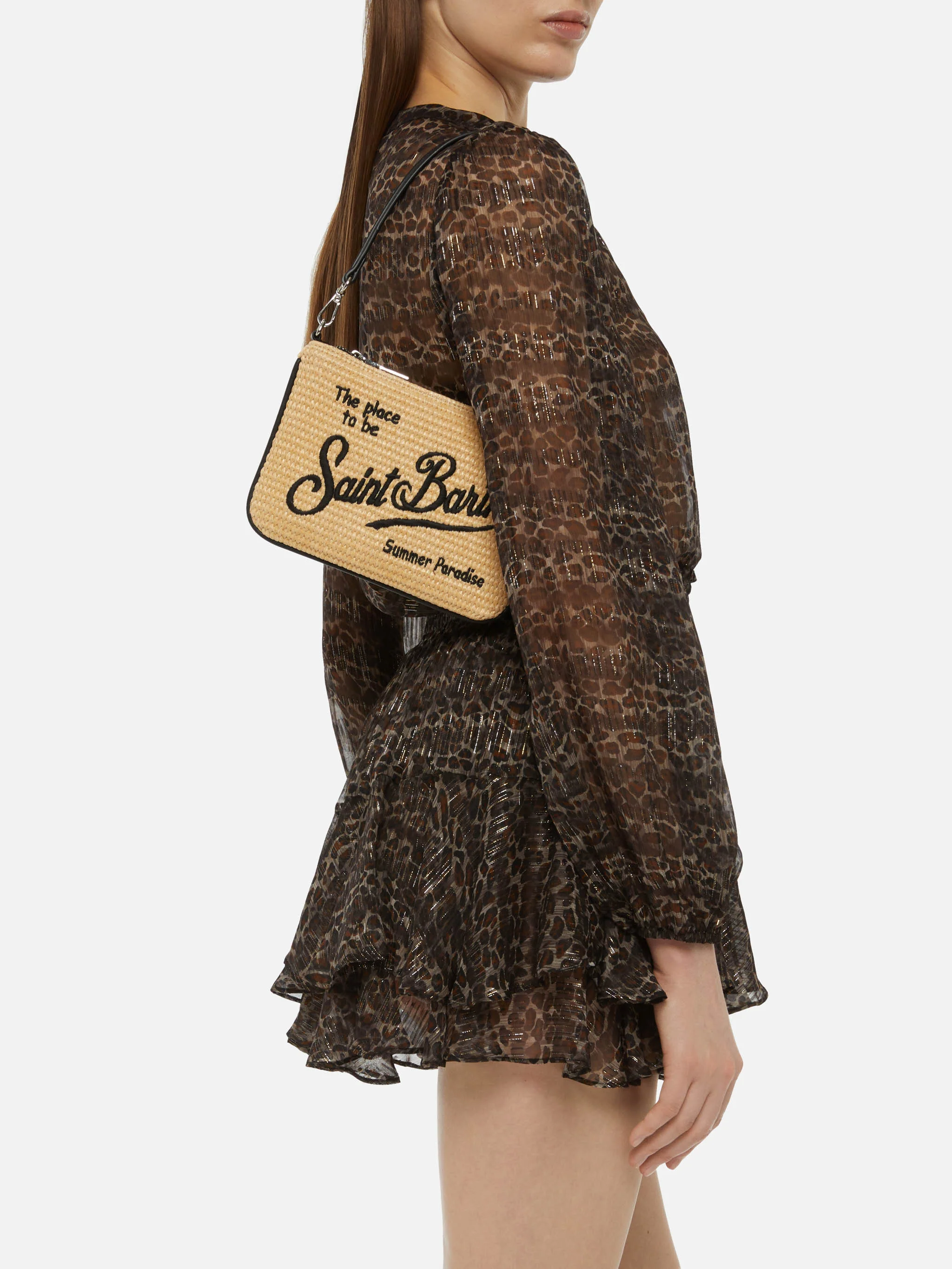 Pouch Mini Parisienne effetto paglia con logo ricamato nero - Image 2