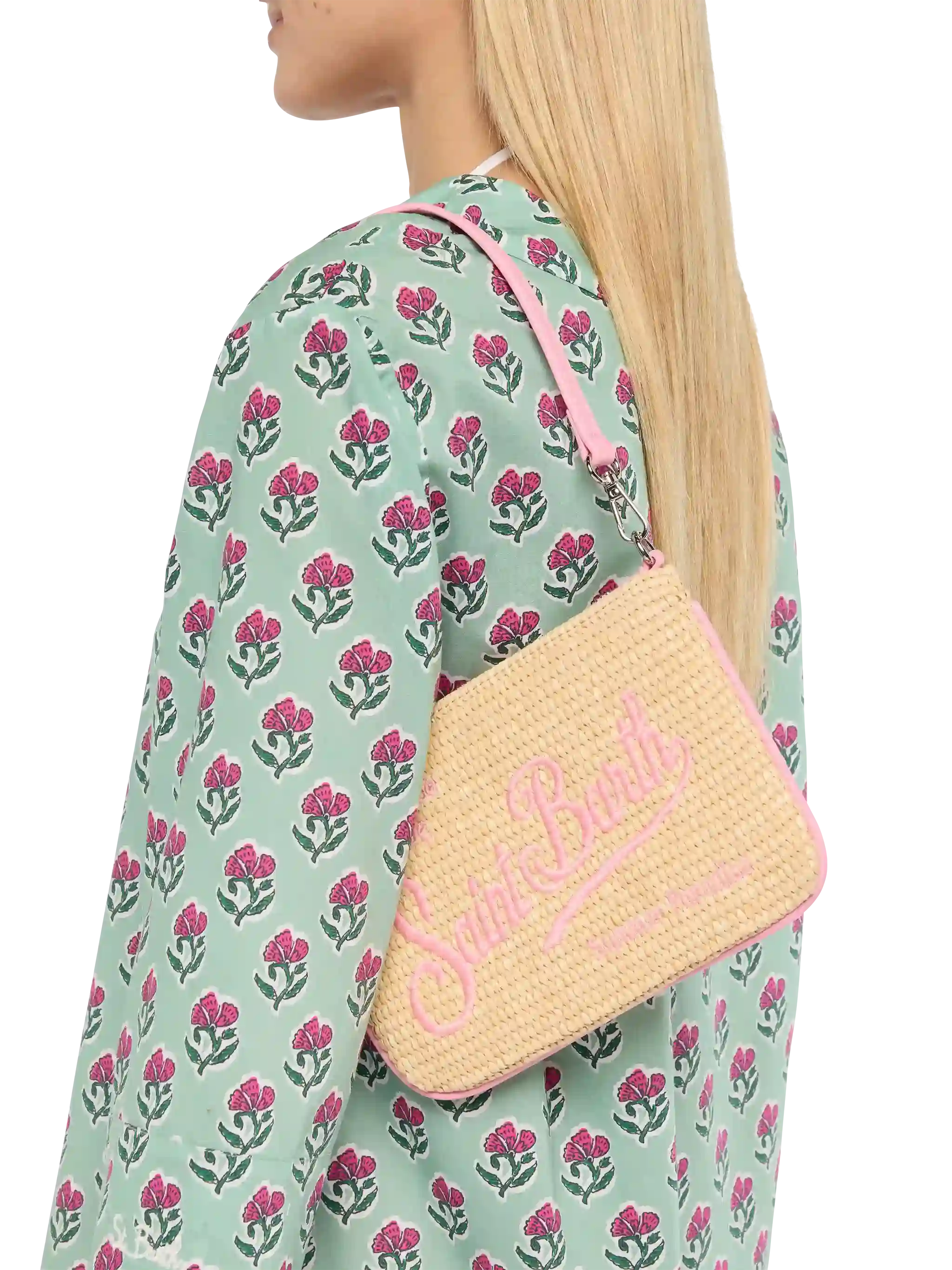Pouch Mini Parisienne effetto paglia con logo ricamato rosa - Image 2