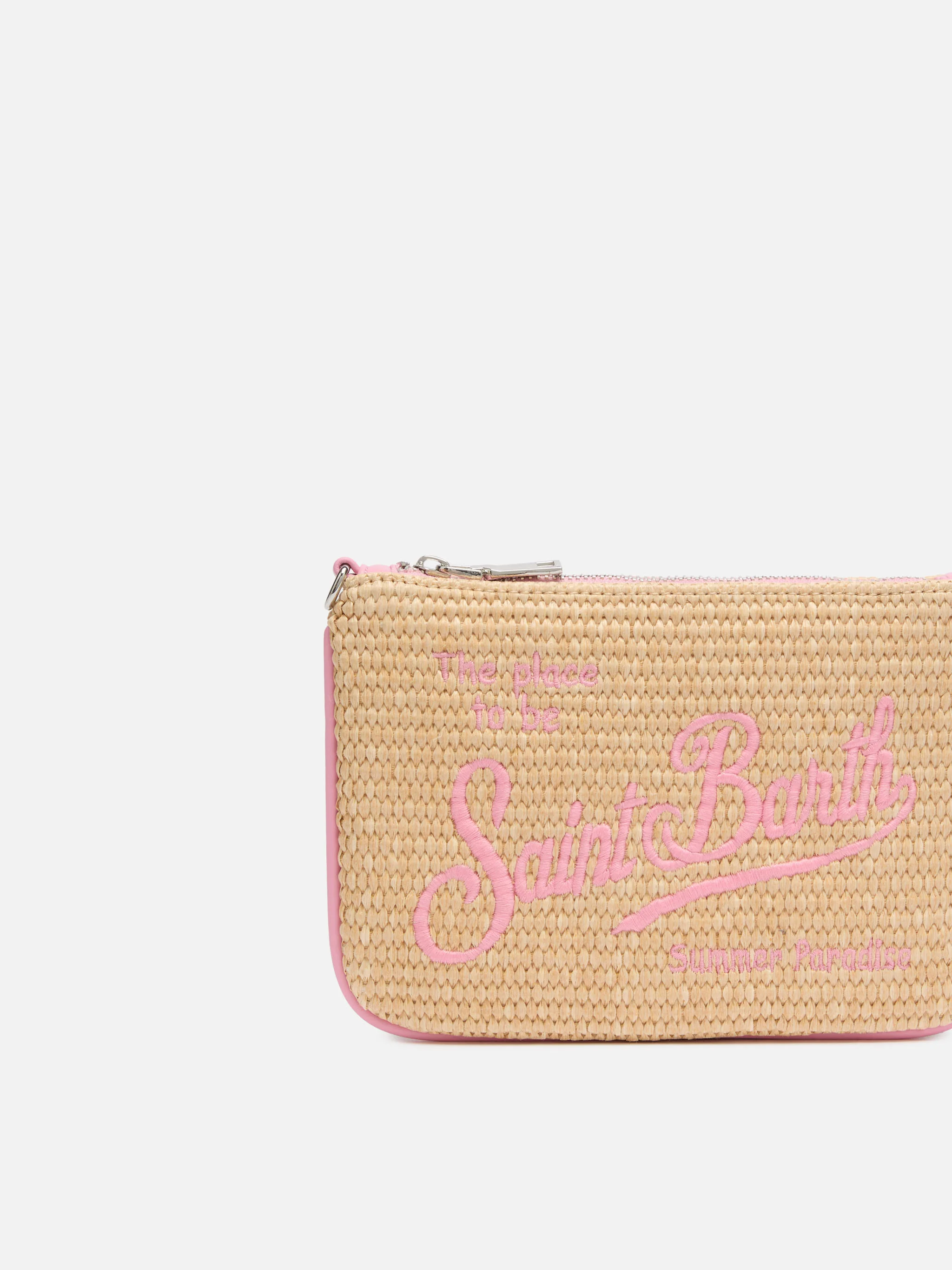 Pouch Mini Parisienne effetto paglia con logo ricamato rosa - Image 3