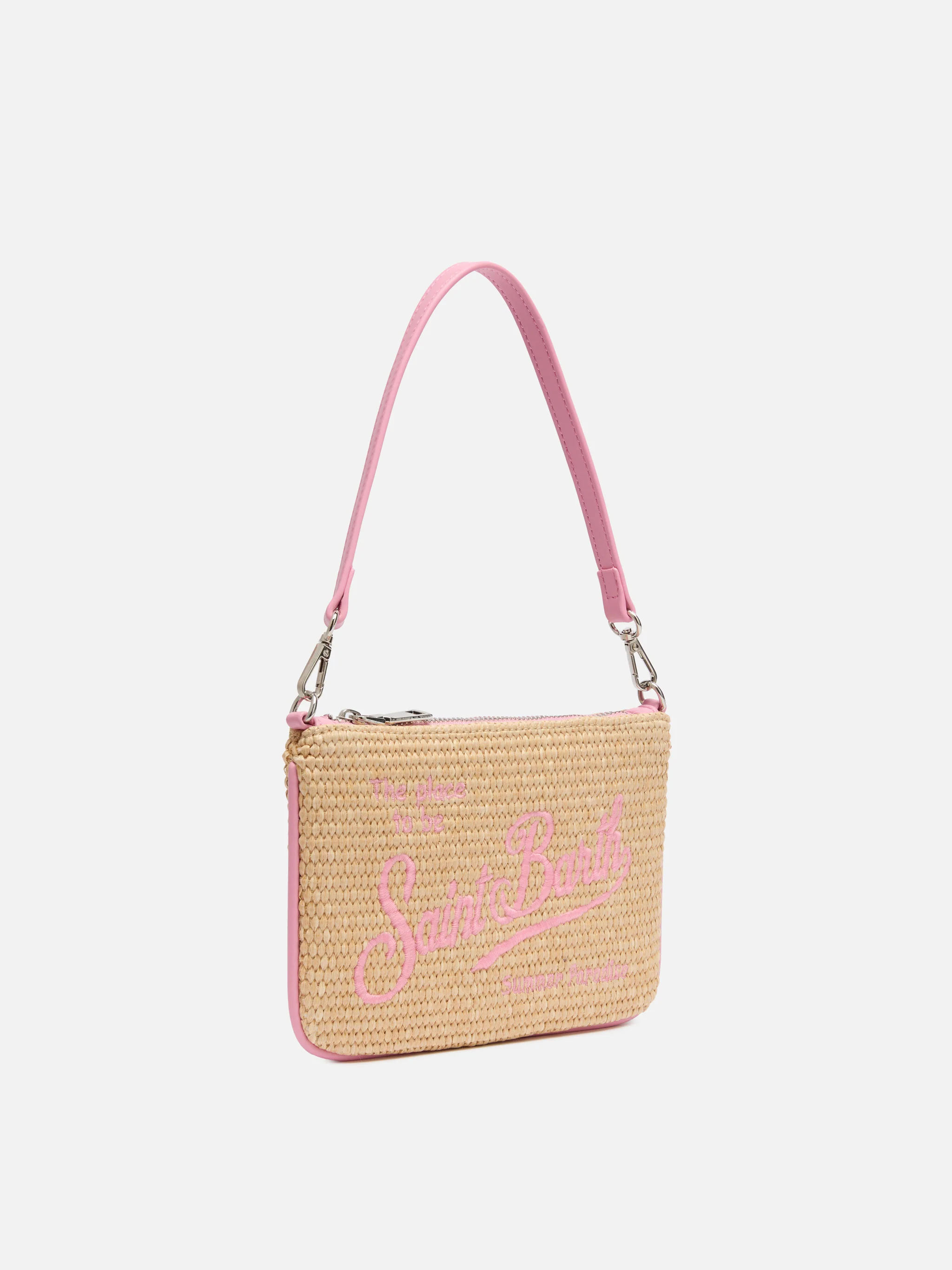 Pouch Mini Parisienne effetto paglia con logo ricamato rosa - Image 4