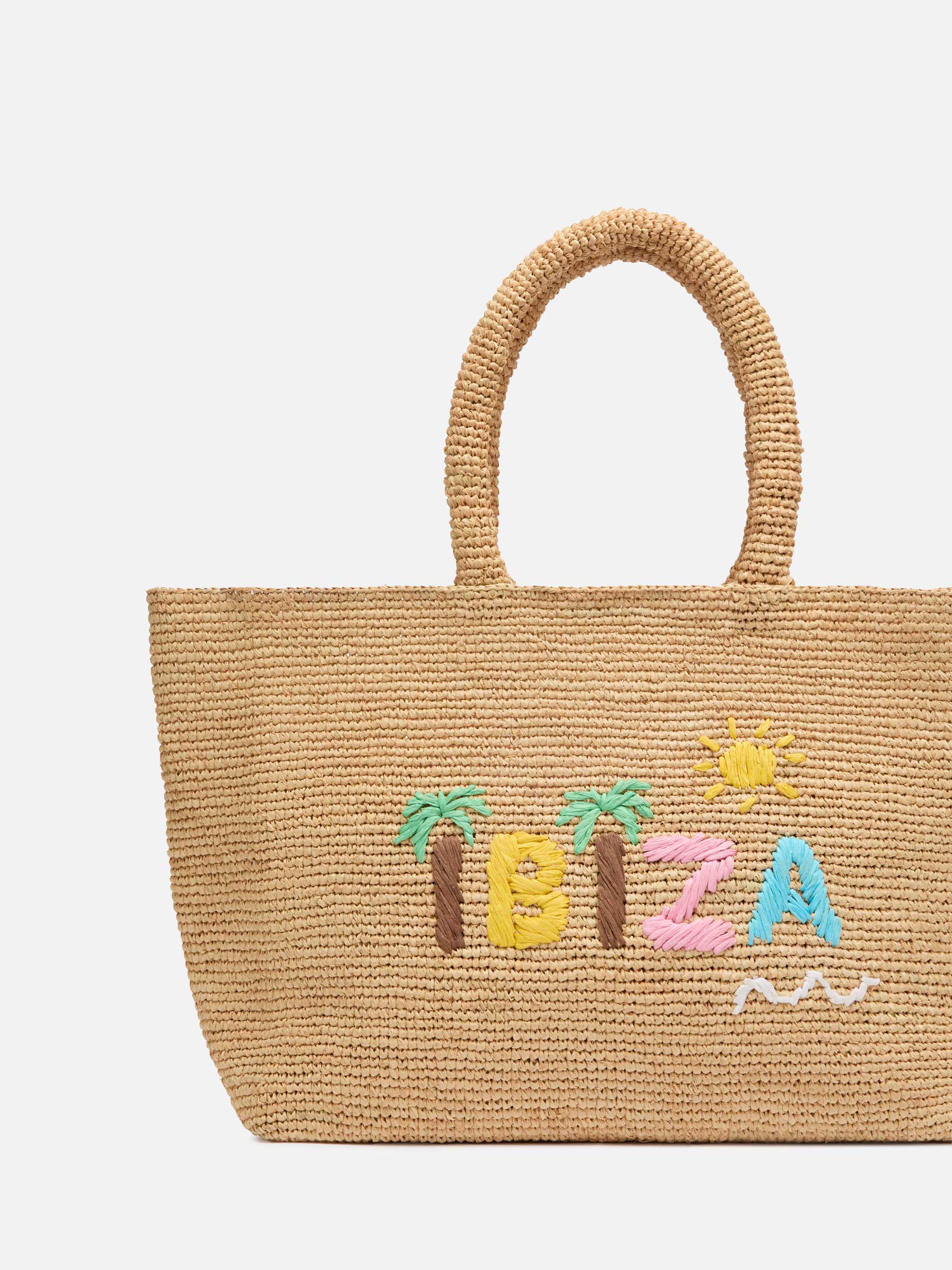Rafia Beach Bag beige con pochette interna in cotone e ricamo Ibiza - Image 3