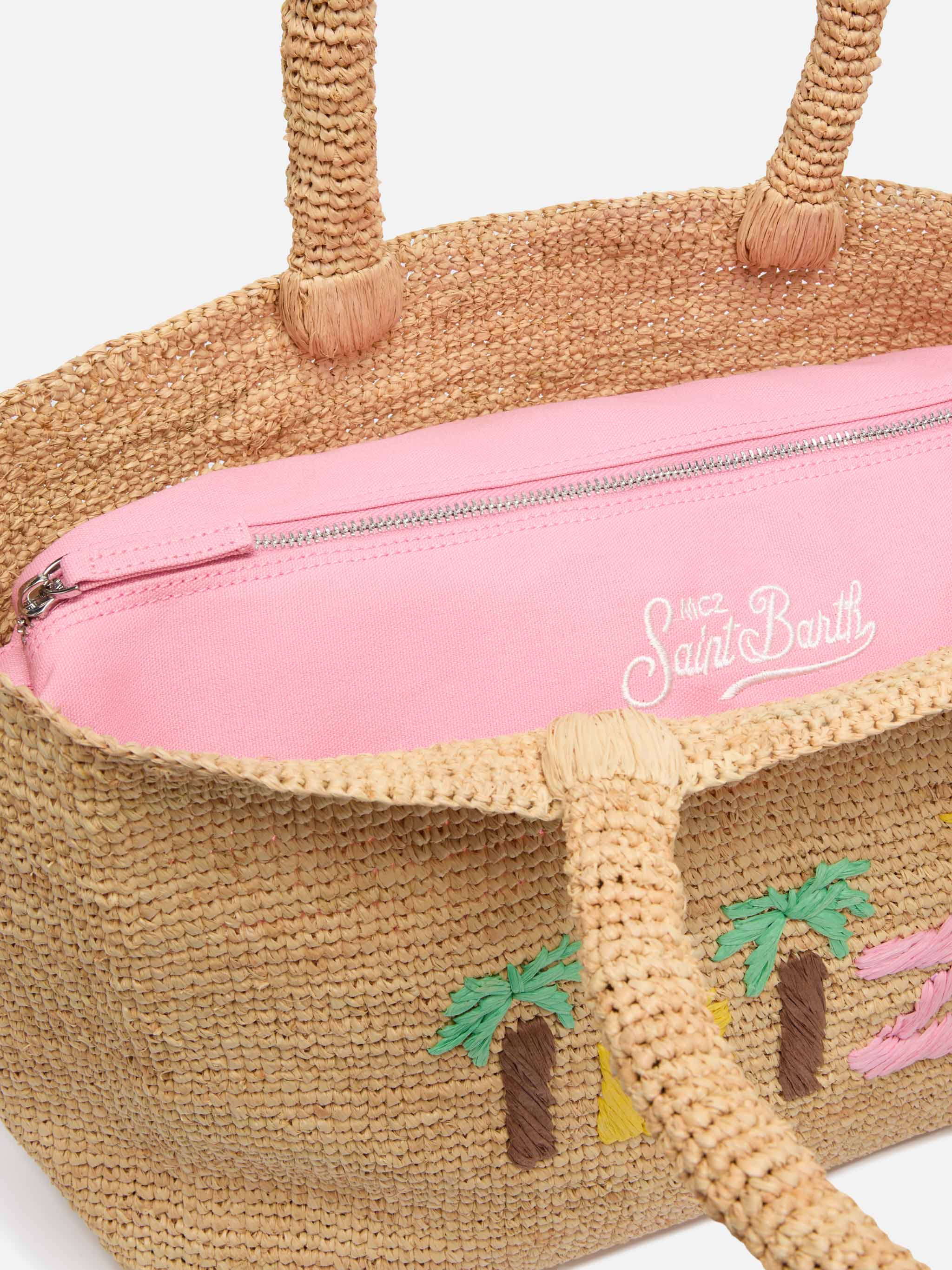 Rafia Beach Bag beige con pochette interna in cotone e ricamo Ibiza - Image 6