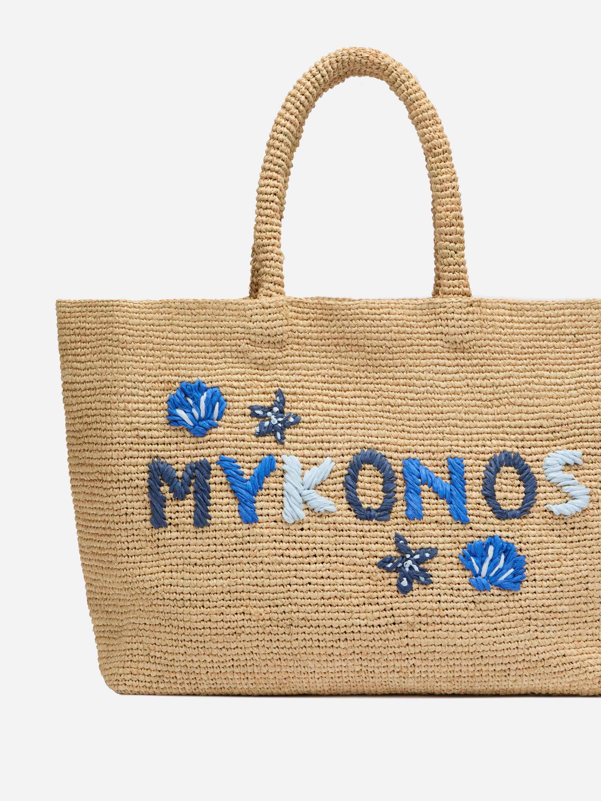 Rafia Beach Bag beige con pochette interna in cotone e ricamo Mykonos - Image 3