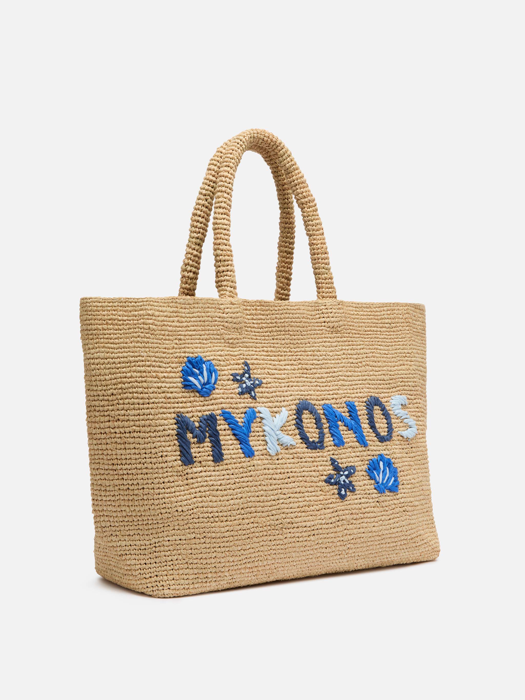 Rafia Beach Bag beige con pochette interna in cotone e ricamo Mykonos - Image 4