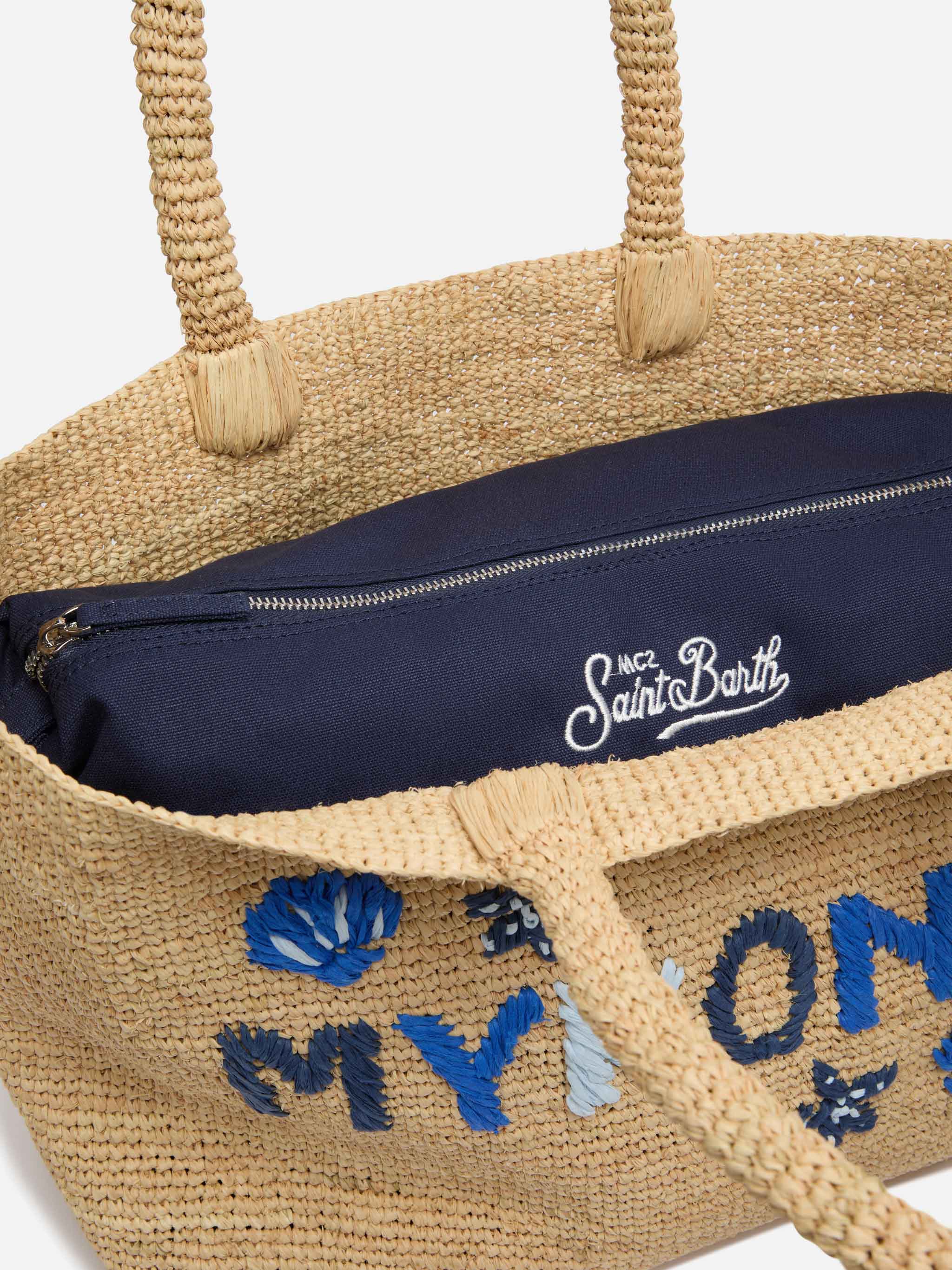 Rafia Beach Bag beige con pochette interna in cotone e ricamo Mykonos - Image 6