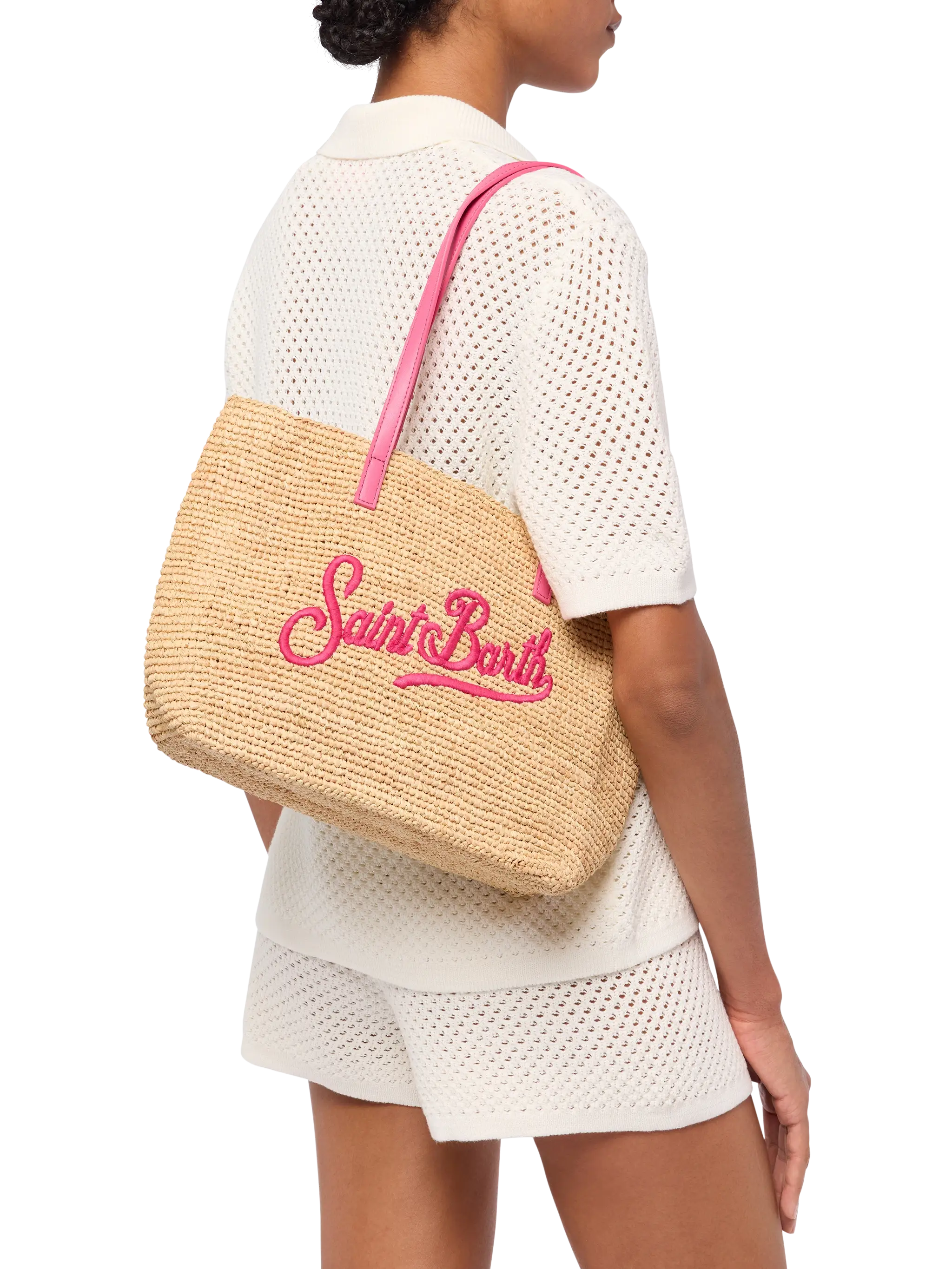 Rafia City Mid Bag beige con logo Saint Barth ricamato - Image 2