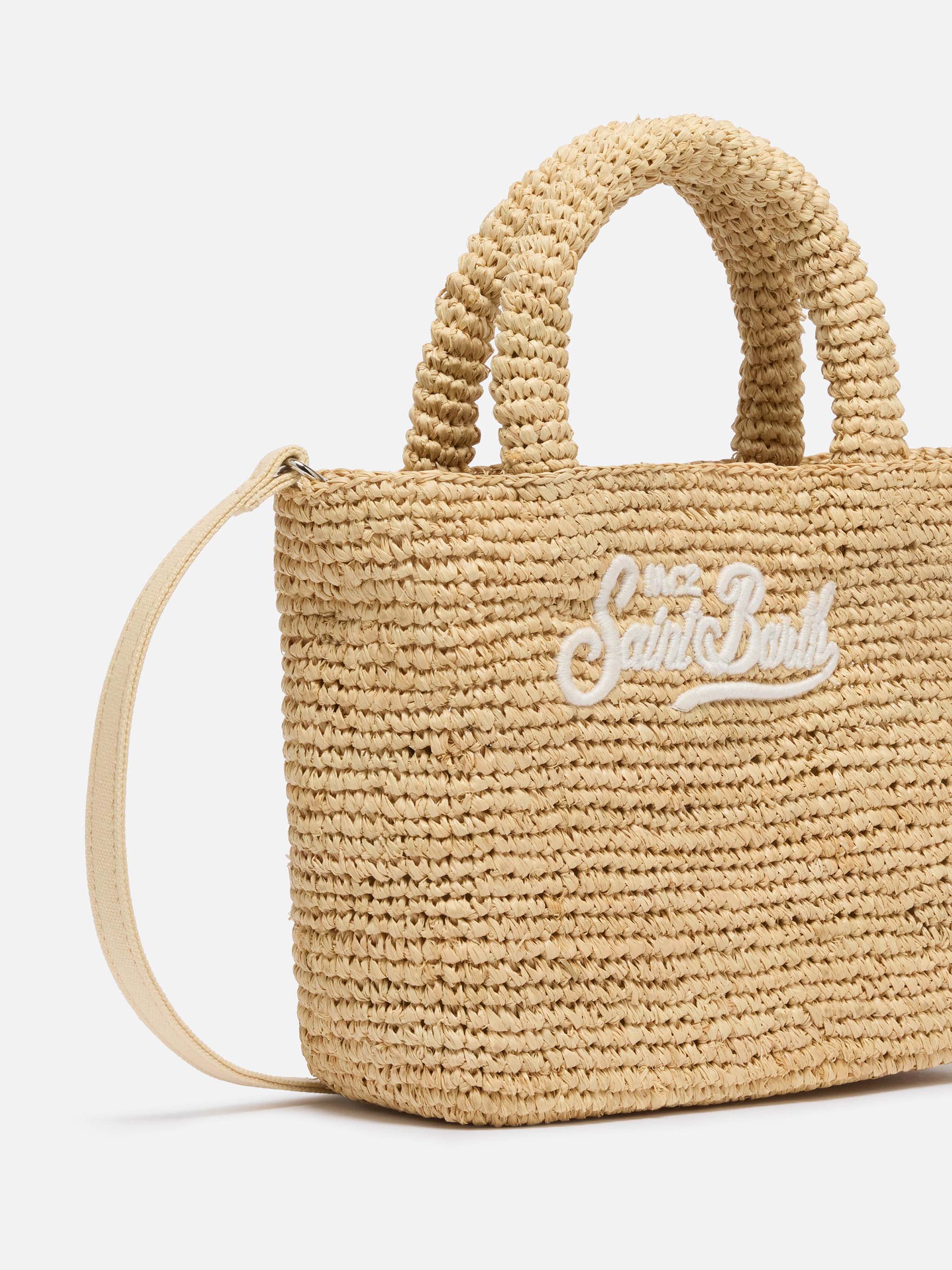 Rafia Mini Beach Bag beige con pochette interna in cotone - Image 3