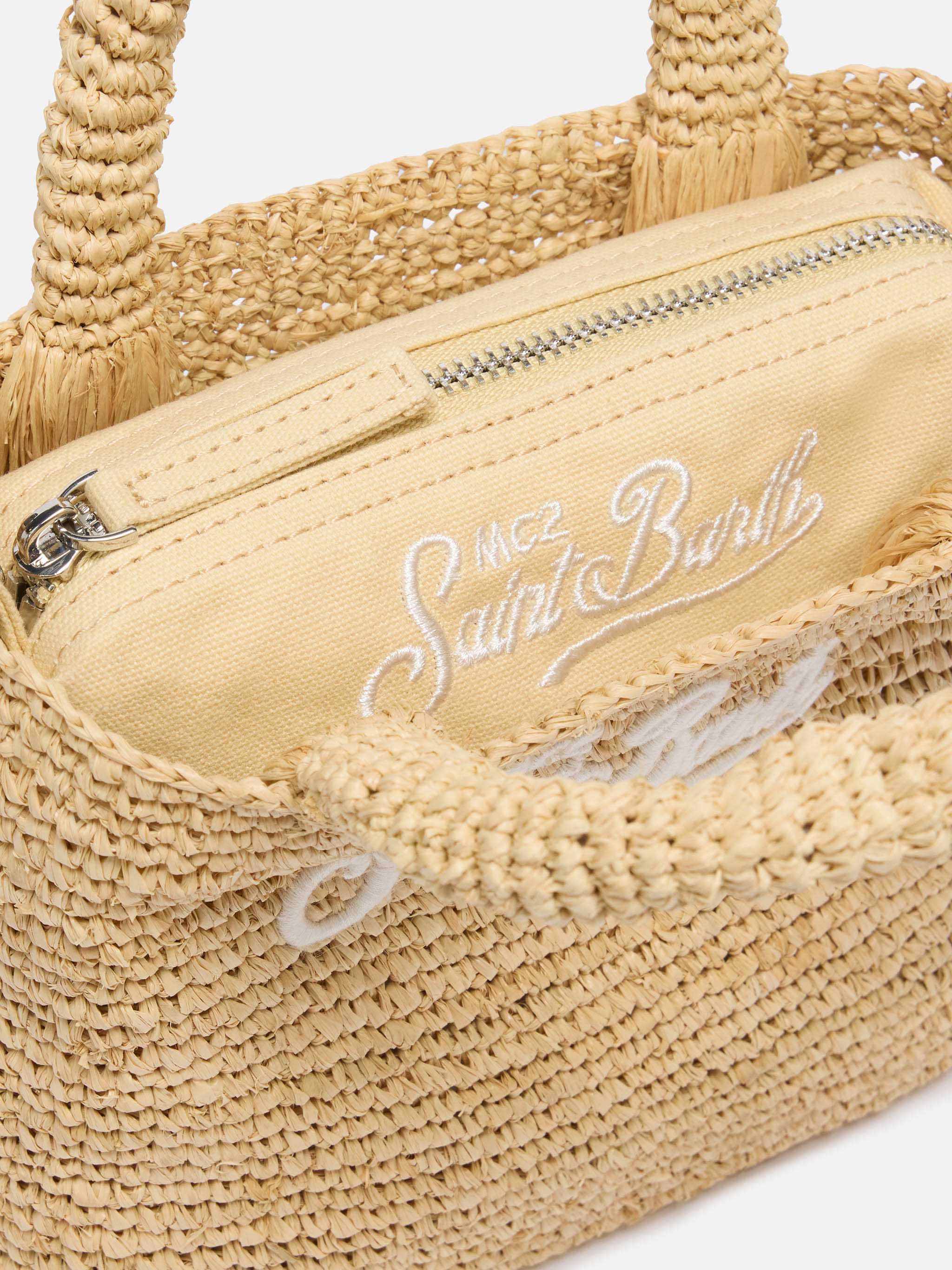 Rafia Mini Beach Bag beige con pochette interna in cotone - Image 5