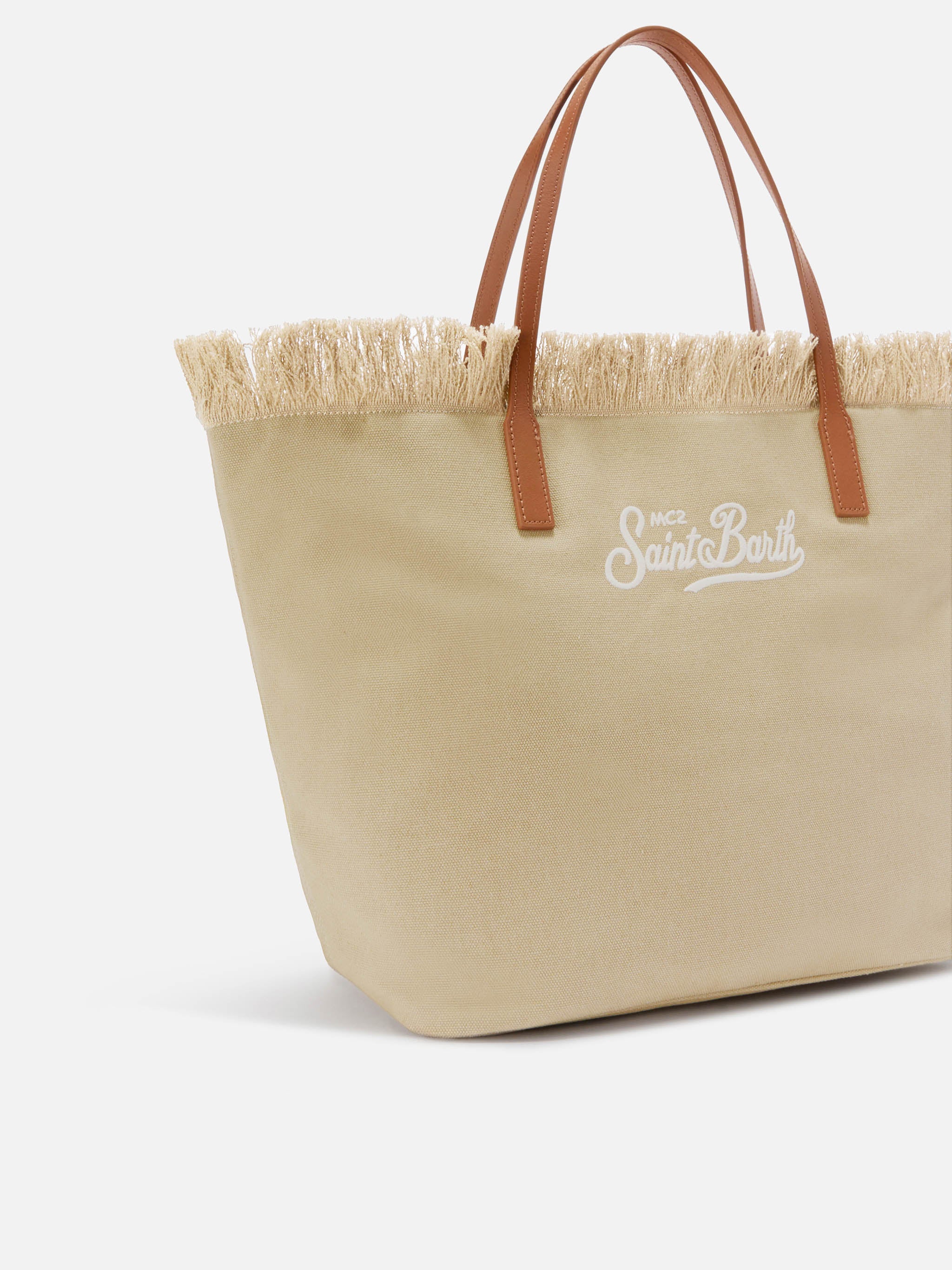 Borsa City regular in canvas beige con frange - Image 3