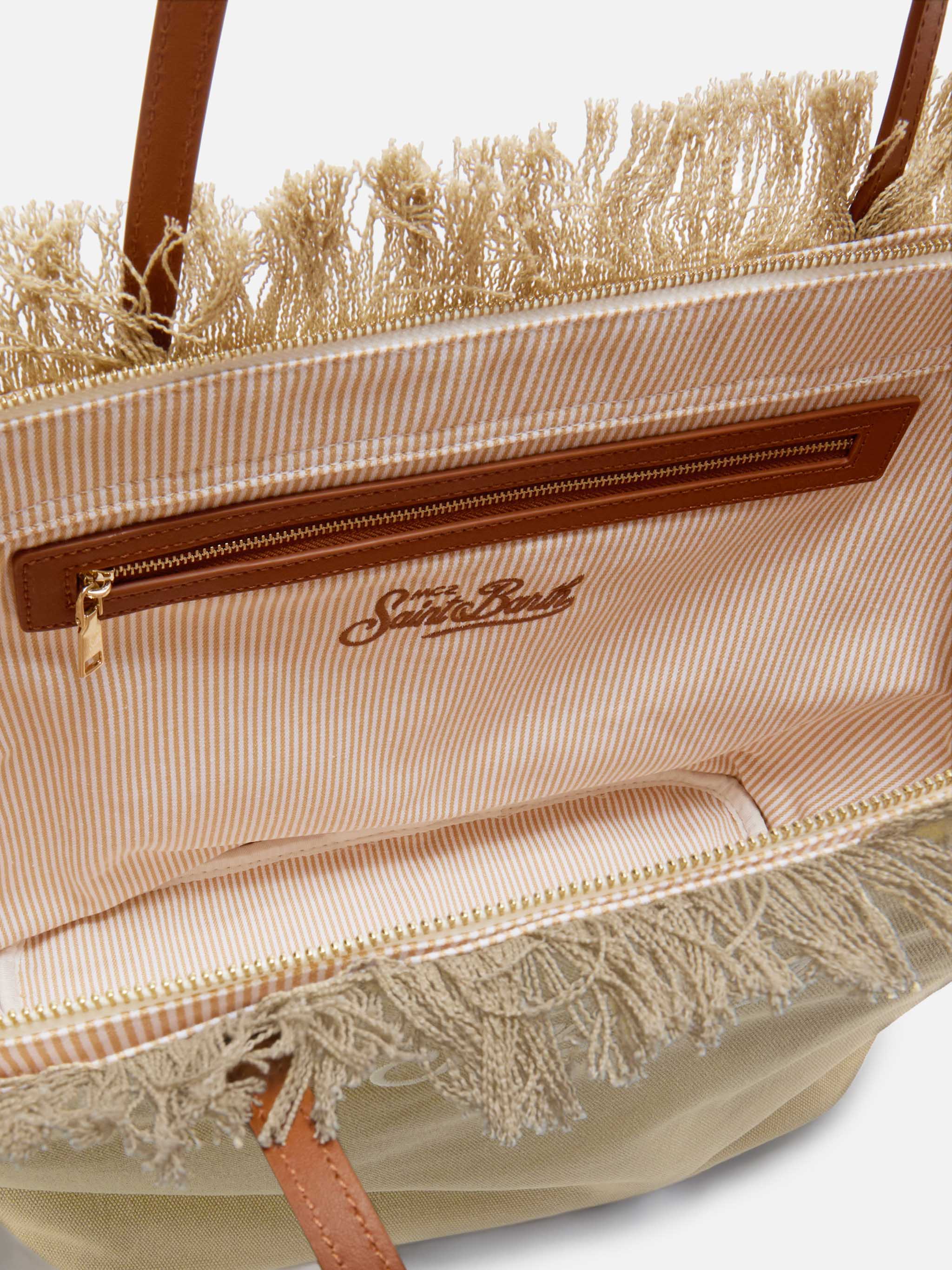 Borsa City regular in canvas beige con frange - Image 5