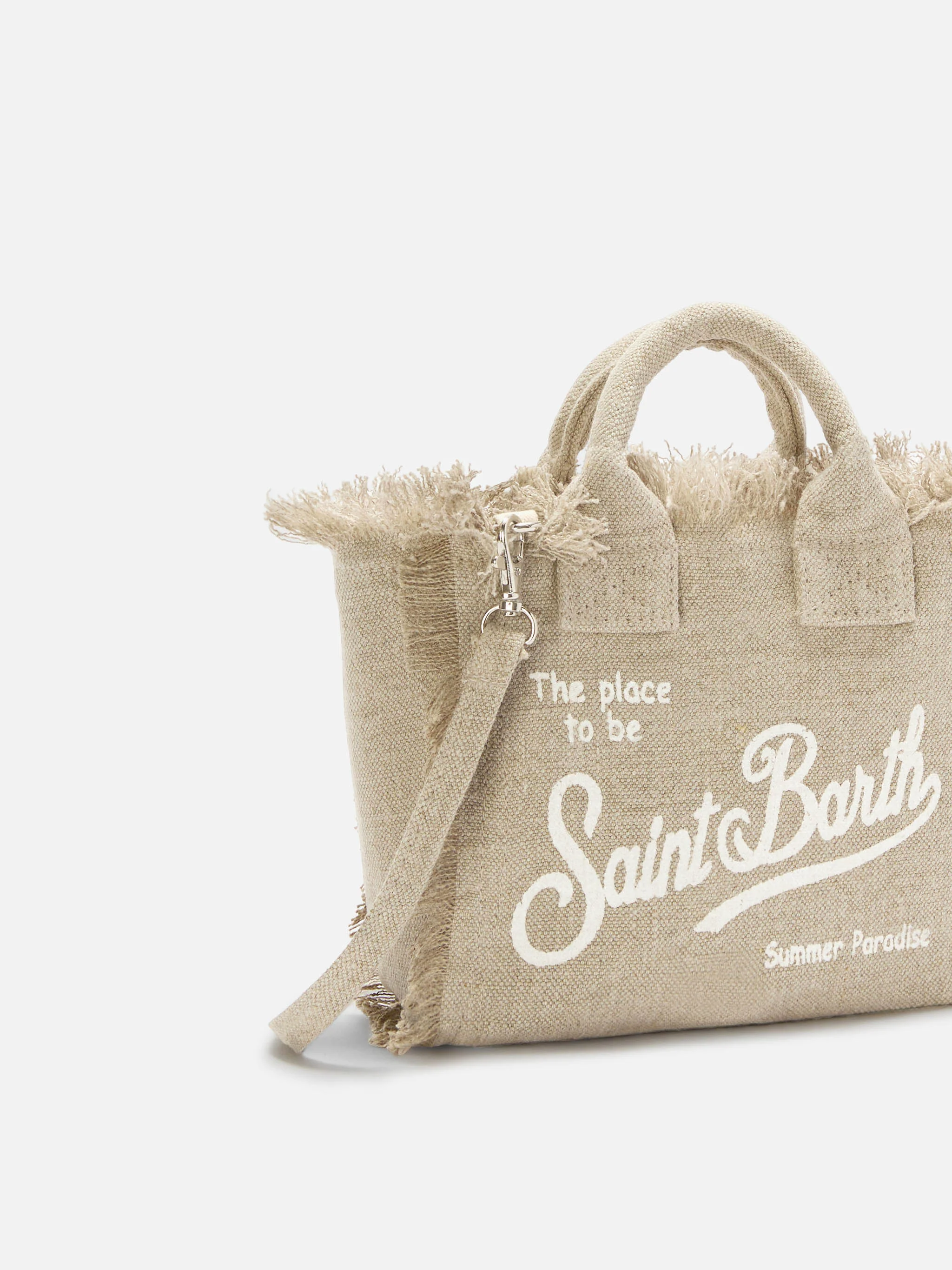 Borsa Vanity mini in lino beige tinta unita con tracolla removibile - Image 3