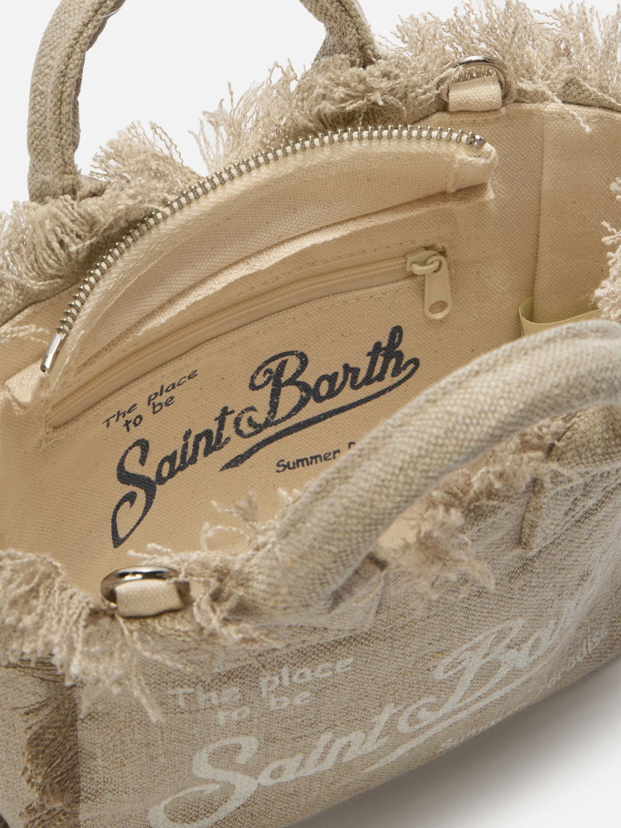 Borsa Vanity mini in lino beige tinta unita con tracolla removibile - Image 4