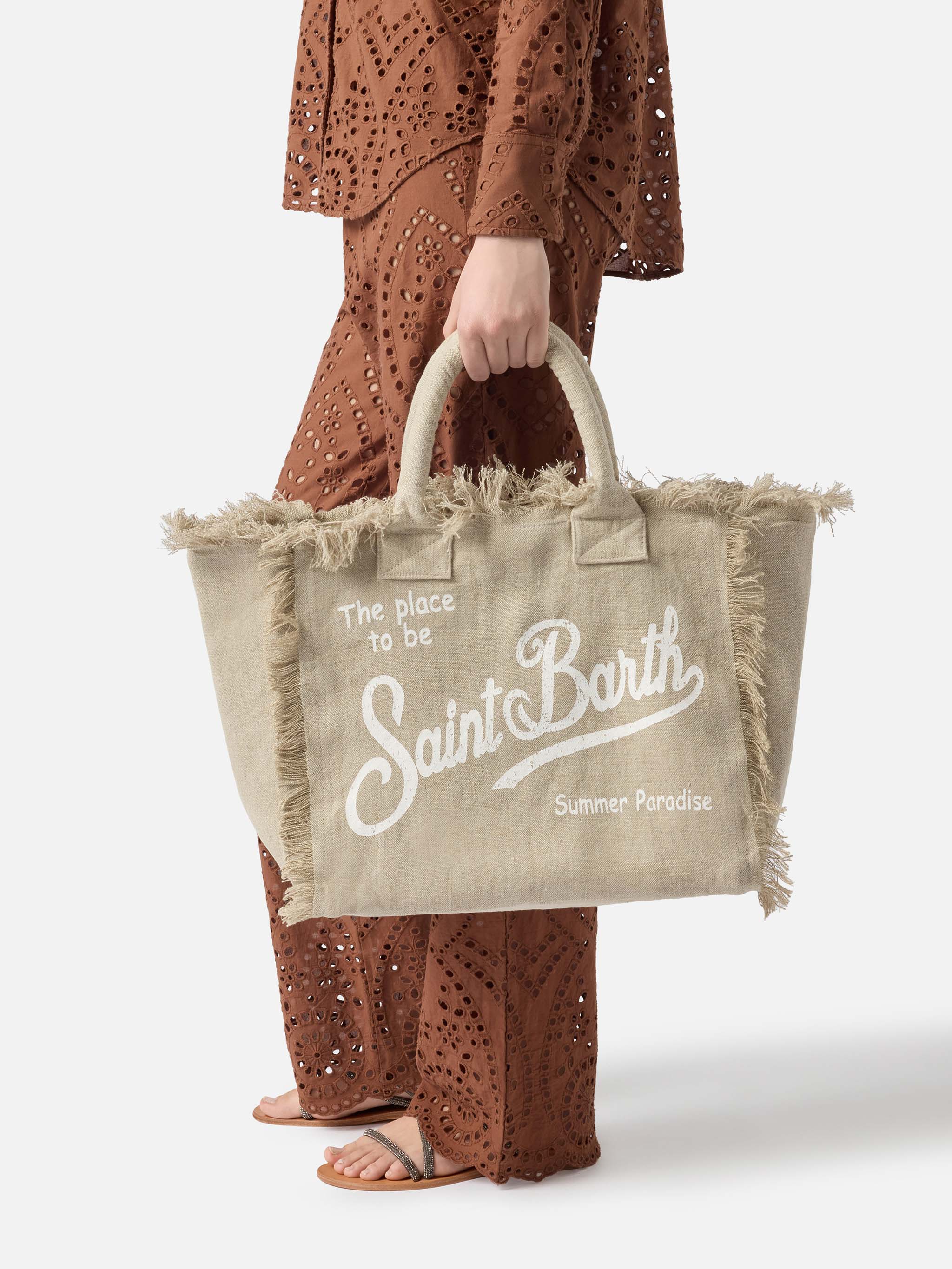 Borsa Vanity regular in lino beige tinta unita - Image 2