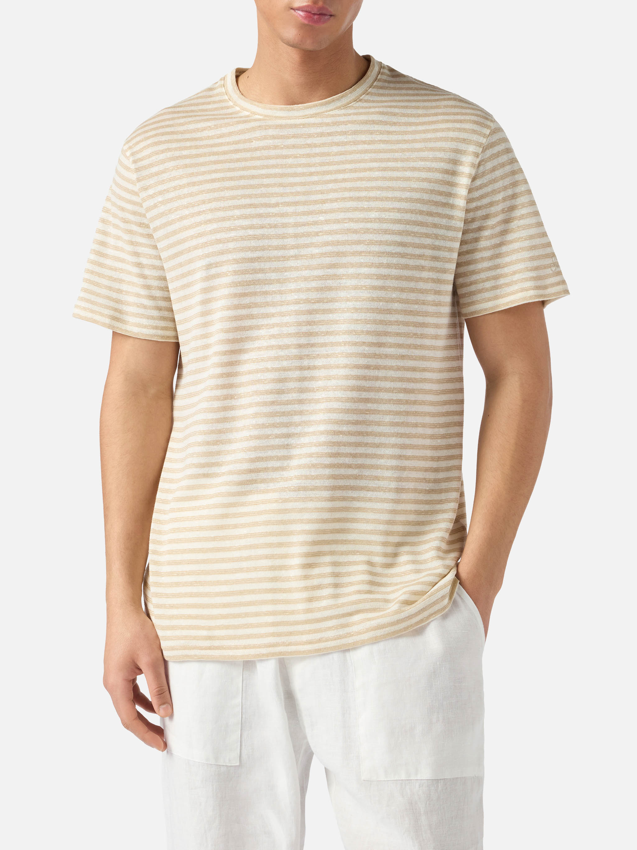 T-shirt Dover in cotone a righe beige con ricamo logo - Image 2