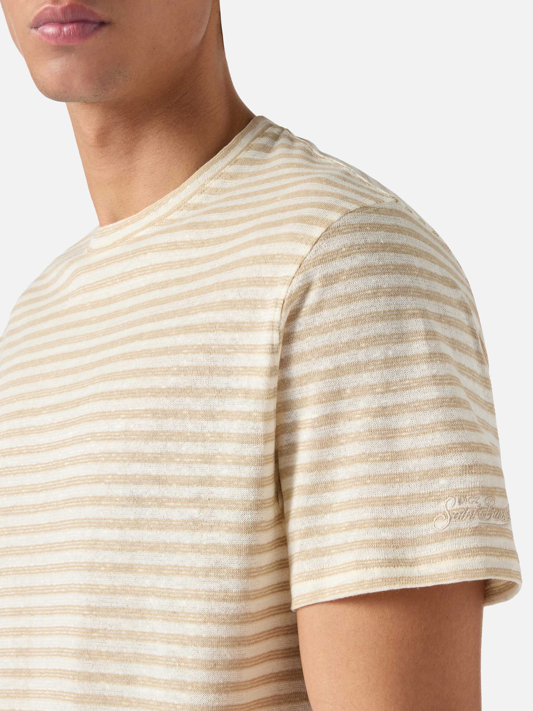 T-shirt Dover in cotone a righe beige con ricamo logo - Image 3