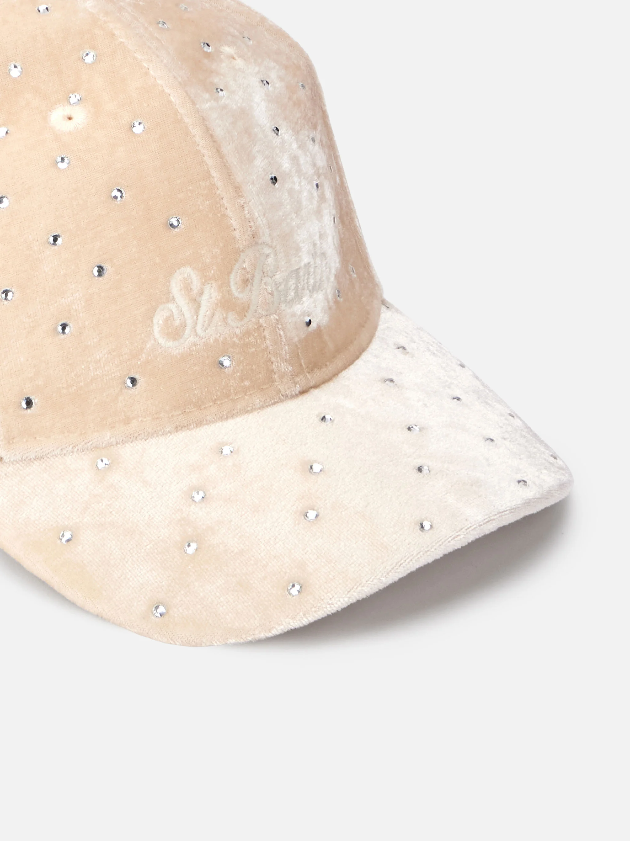 Cappellino da baseball in velluto beige con decorazioni in strass - Image 3