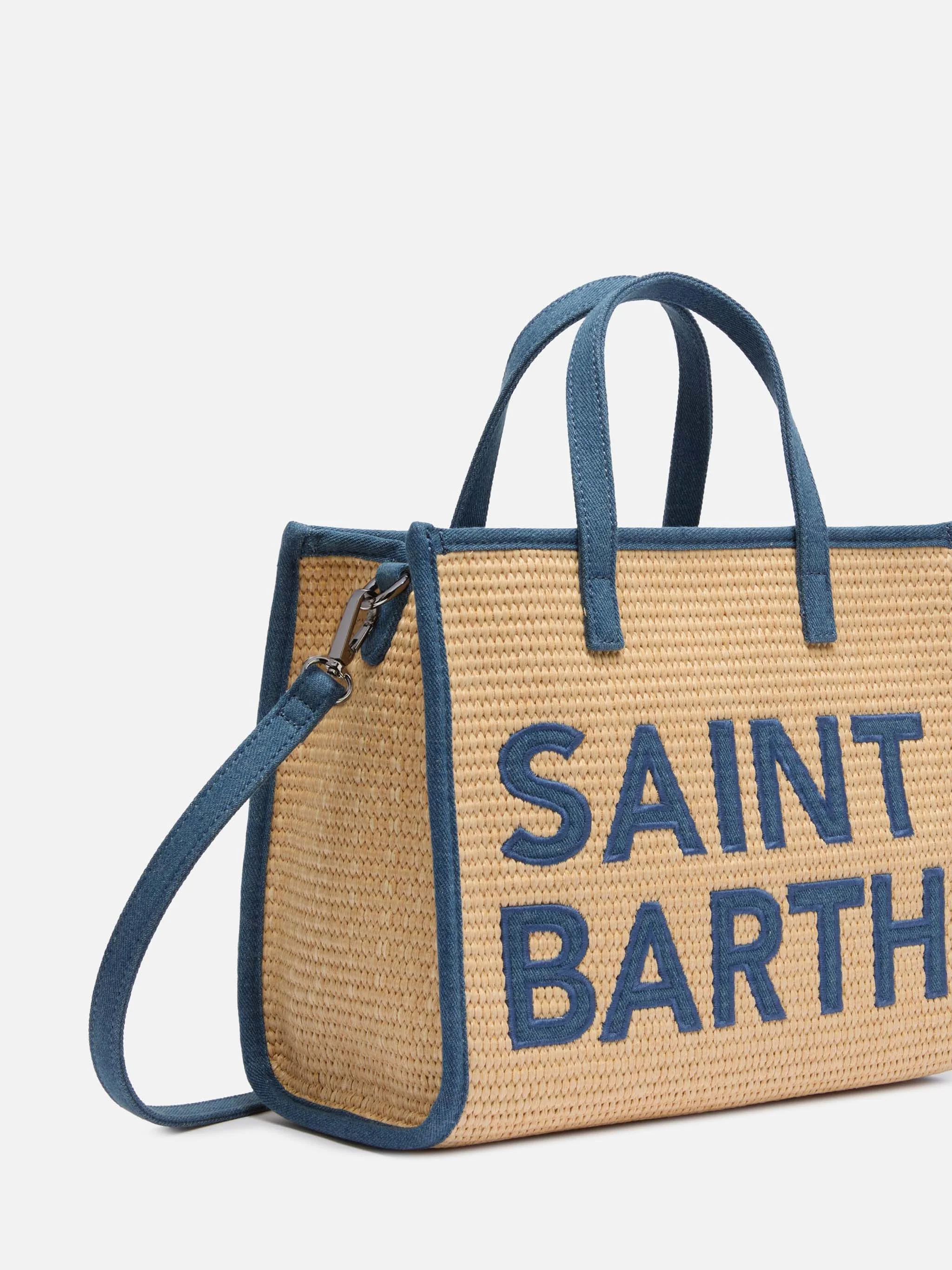 Borsa Vivian Mid Straw beige effetto paglia con patch denim - Image 3