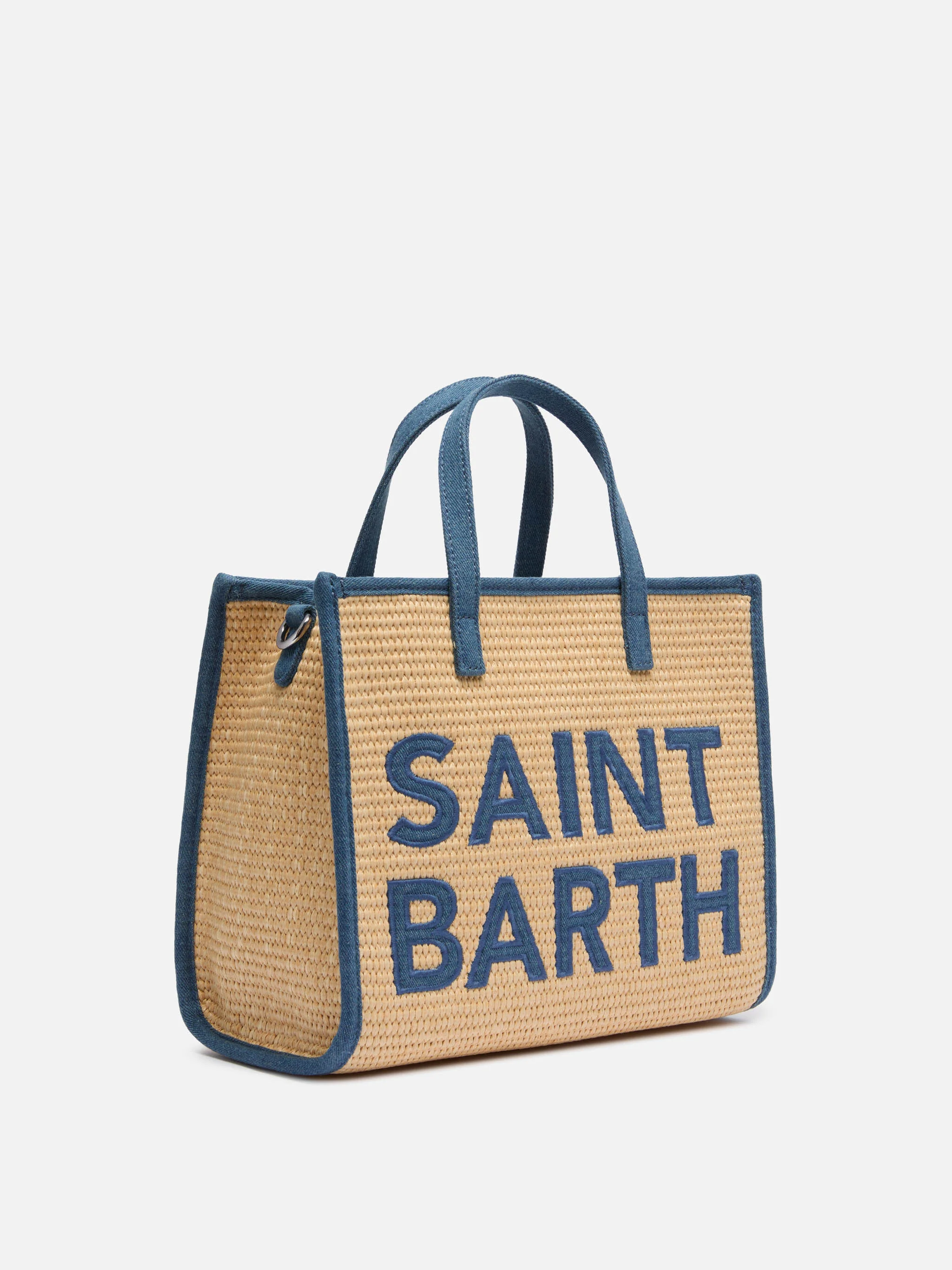 Borsa Vivian Mid Straw beige effetto paglia con patch denim - Image 4