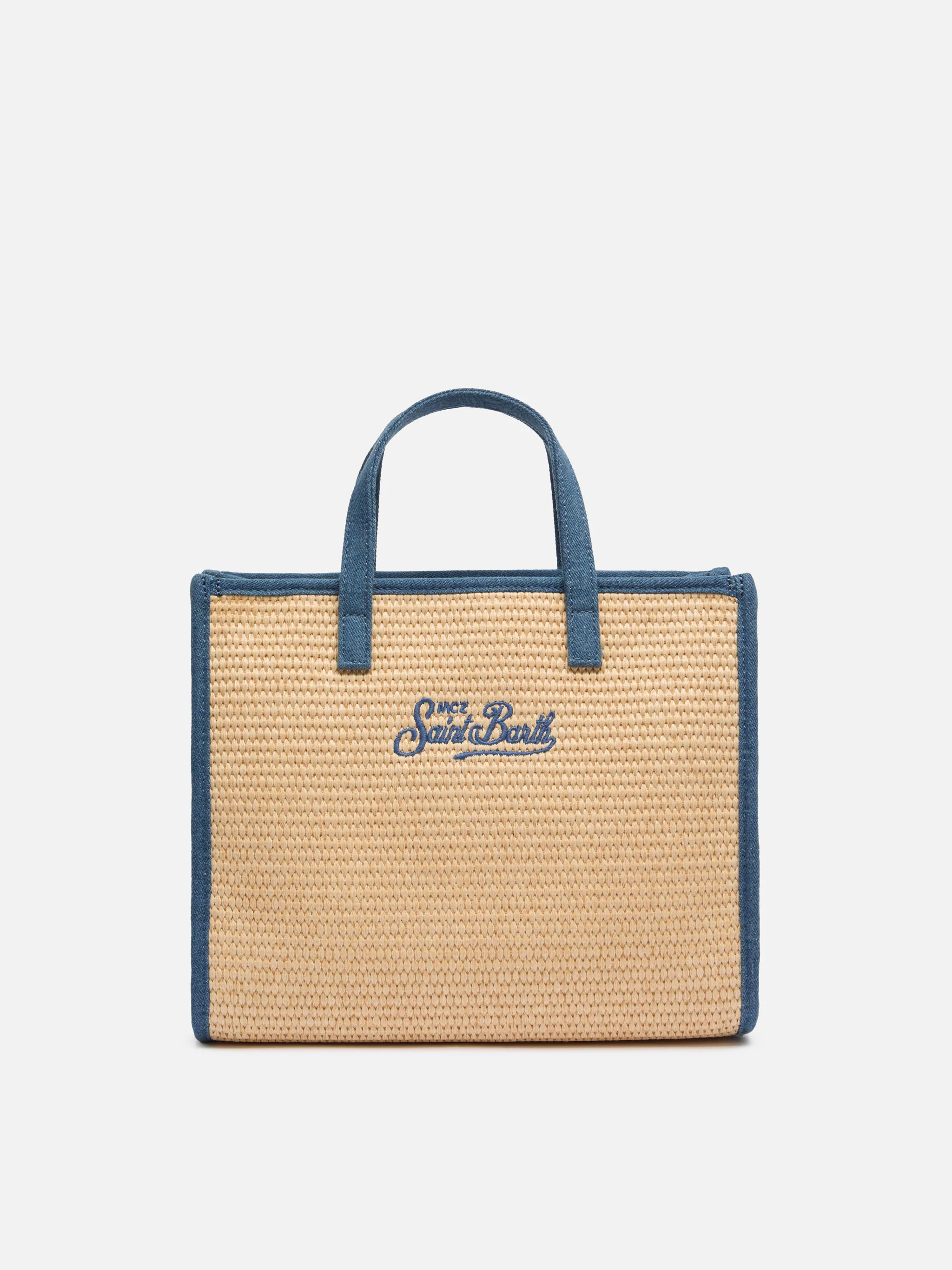Borsa Vivian Mid Straw beige effetto paglia con patch denim - Image 5
