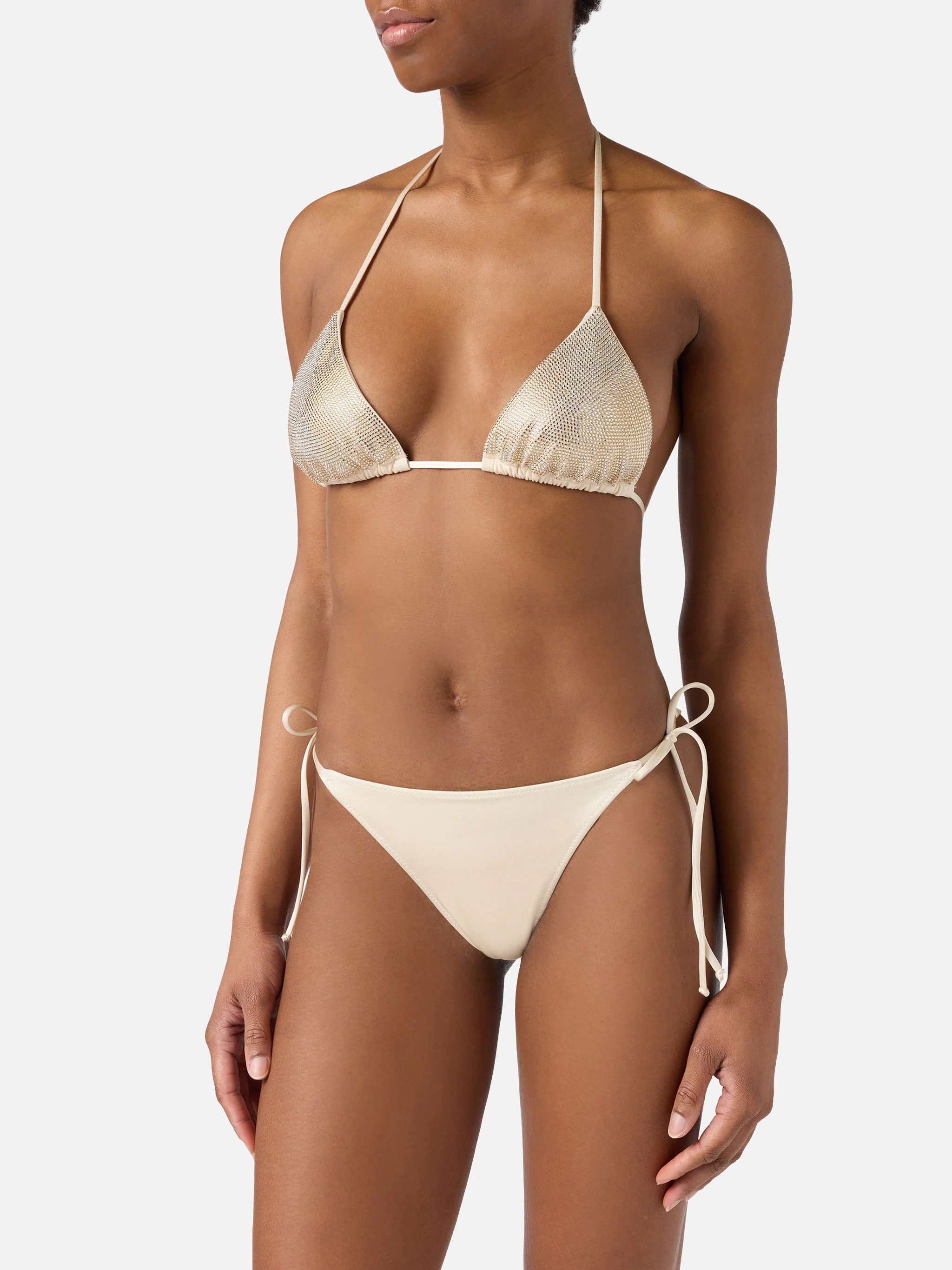 Bikini Maleah triangolo in tessuto glossy finish oro con applicazioni strass  - Image 2