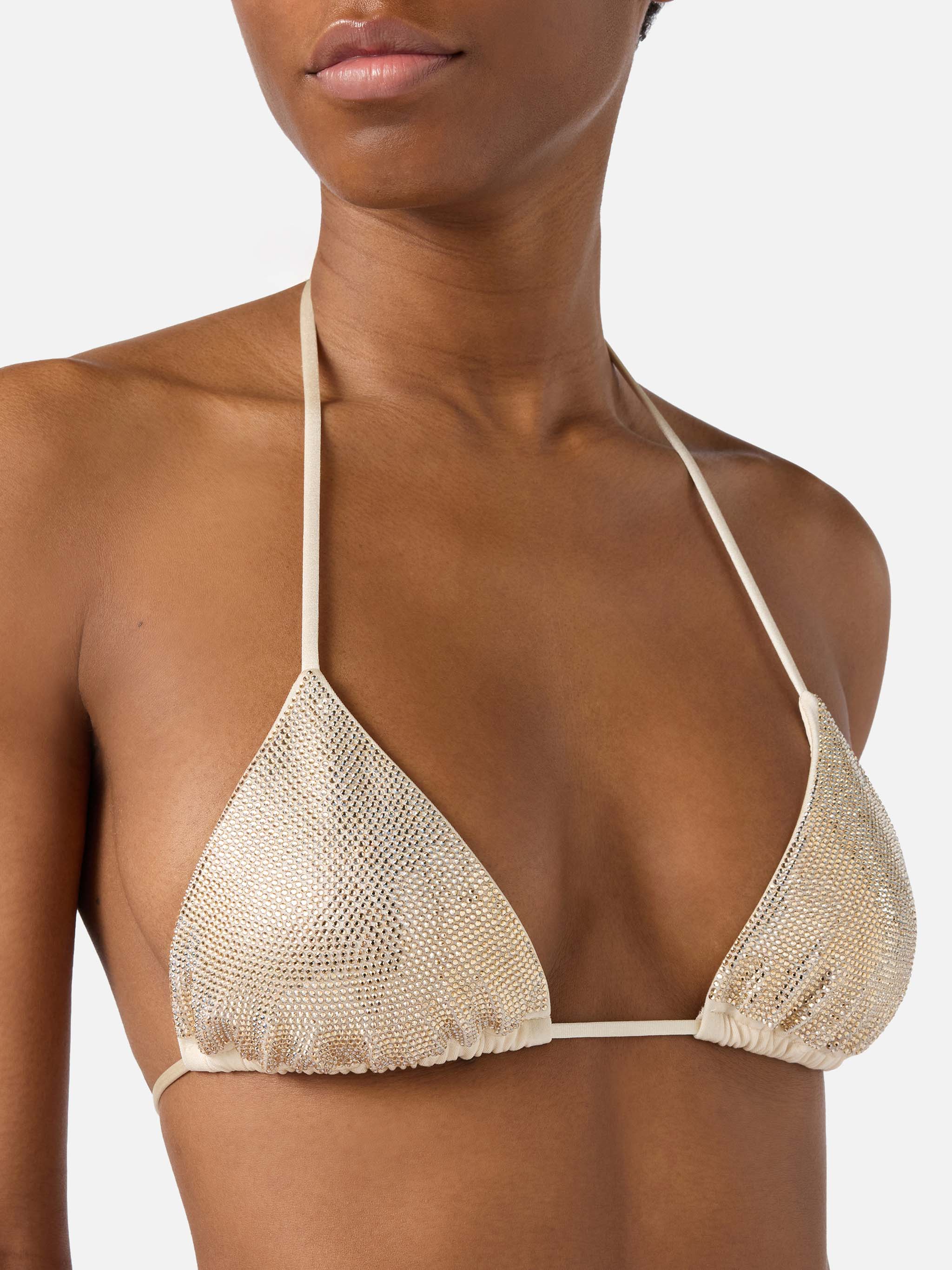 Bikini Maleah triangolo in tessuto glossy finish oro con applicazioni strass  - Image 3