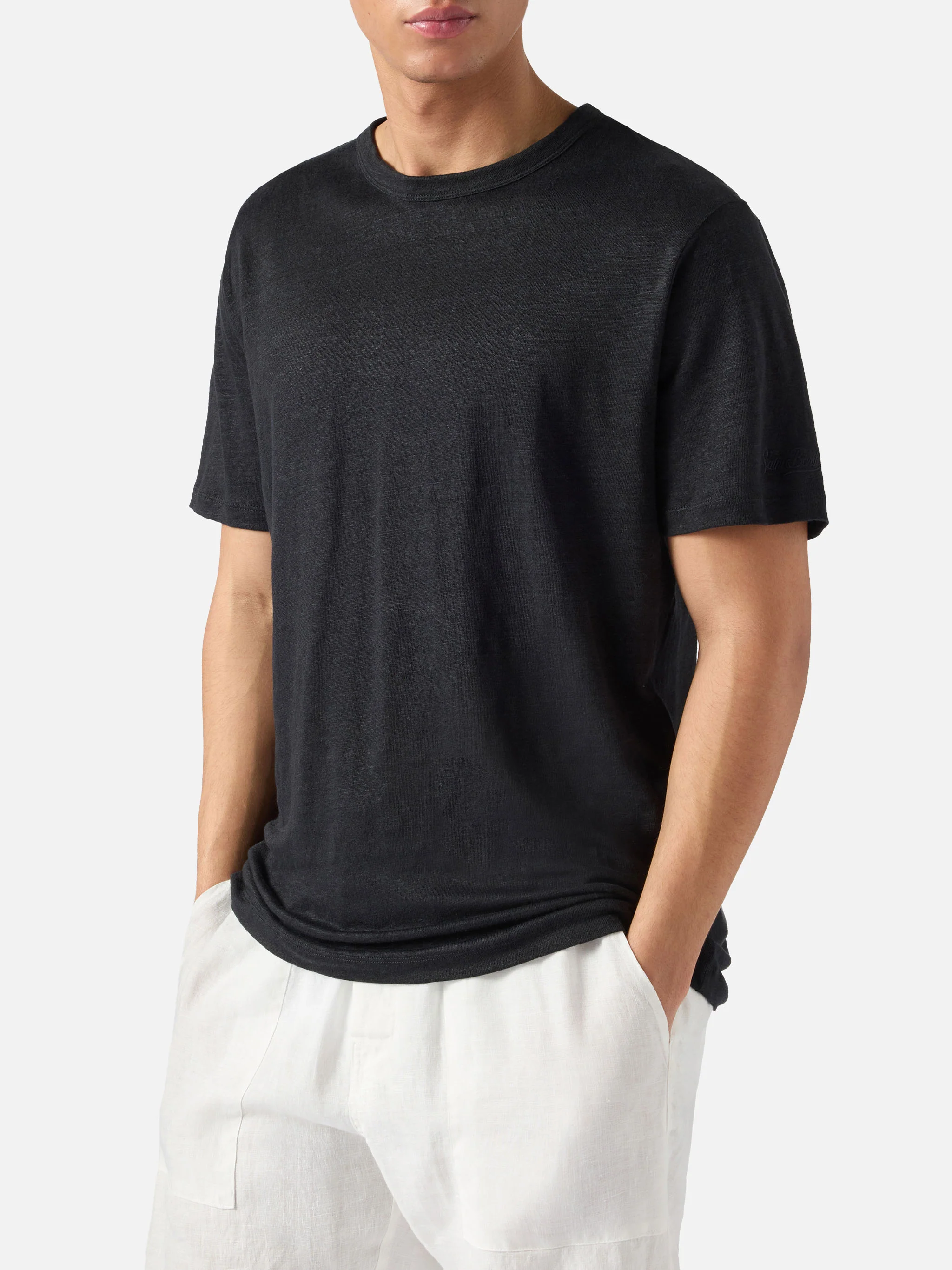 T-shirt Ecstasea in puro lino nero con logo ricamato - Image 2