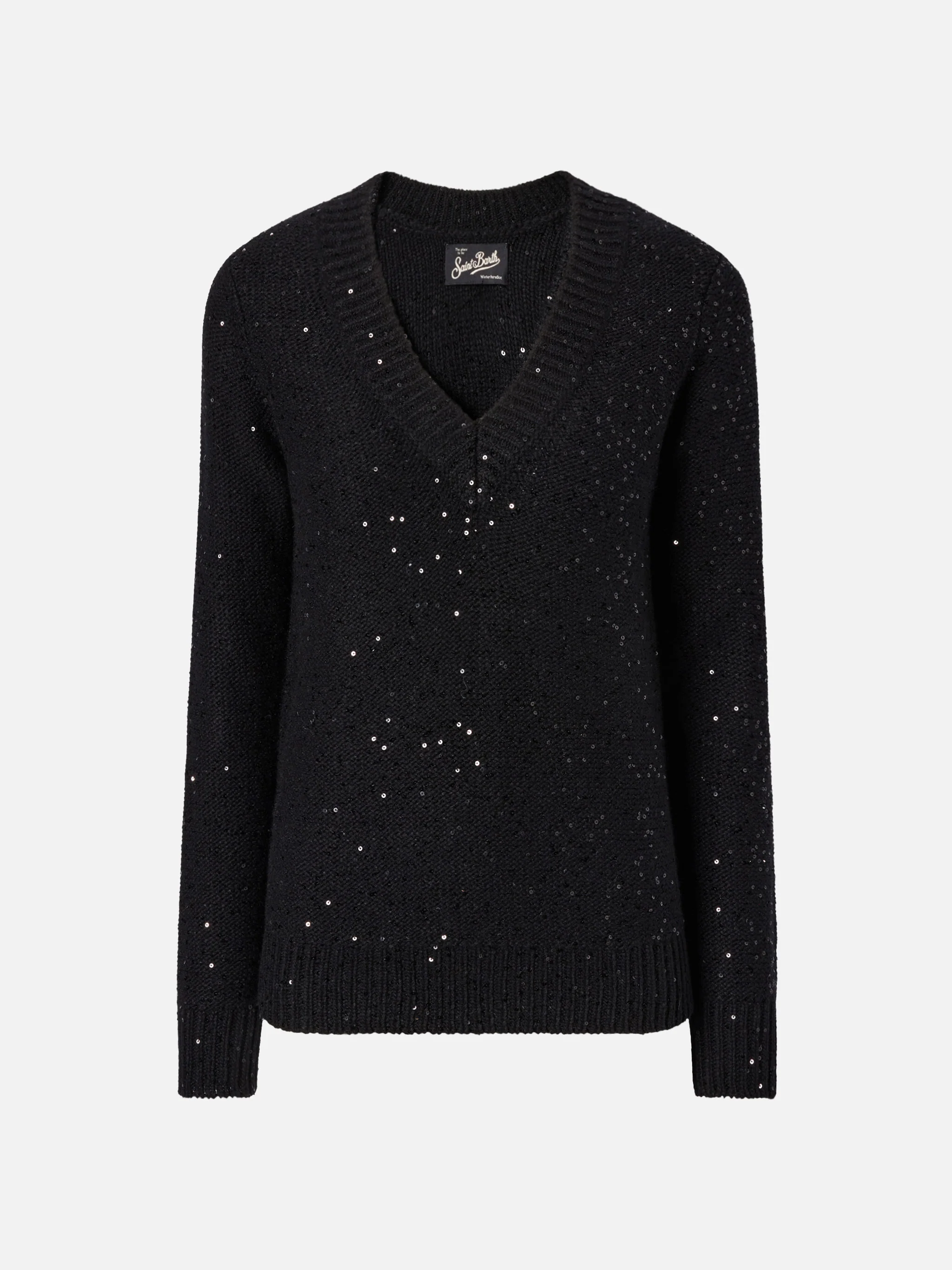 Maglione con scollo a V nero con pailettes - Image 6