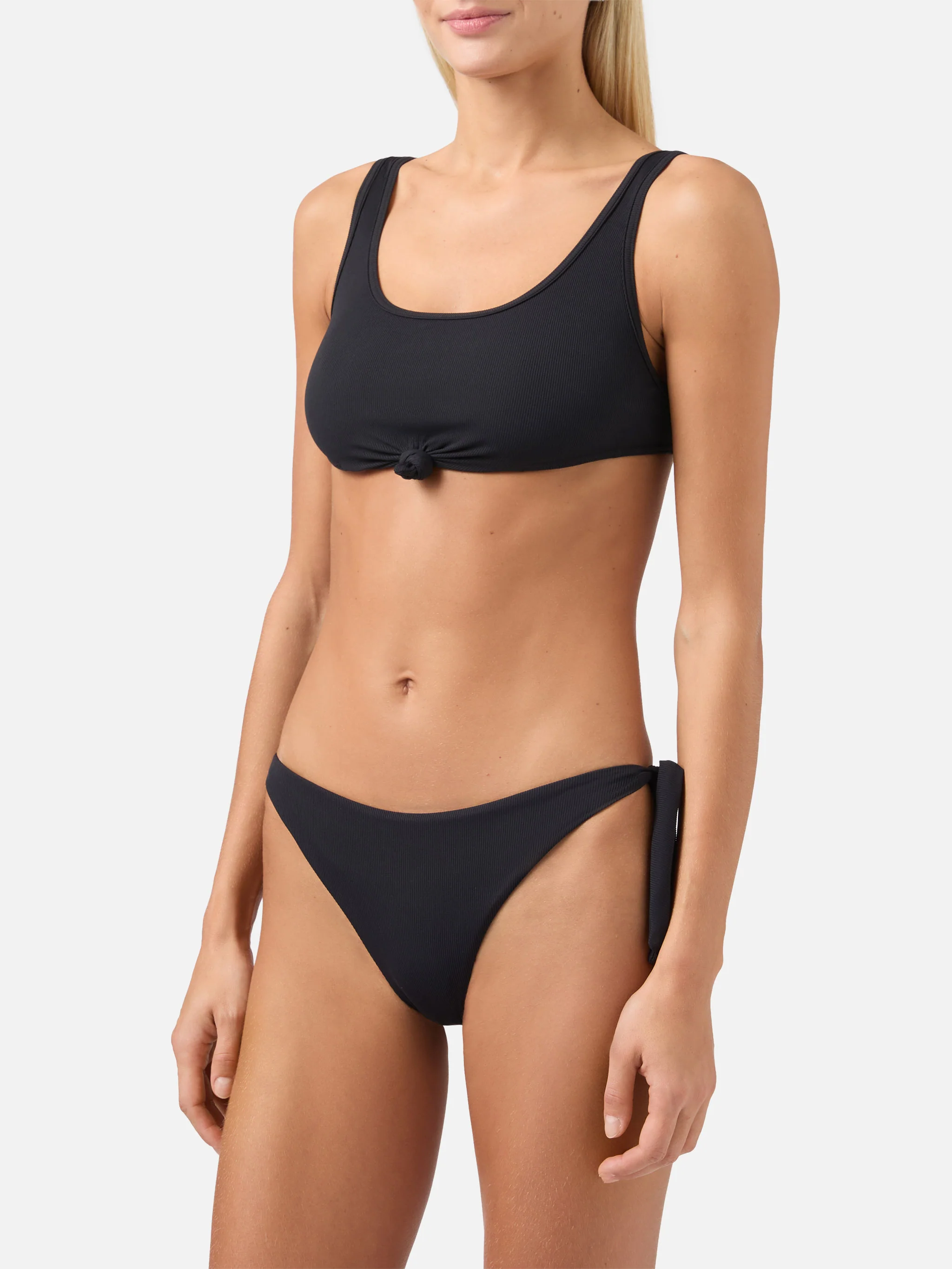 Bikini bralette Petra Yali a costine nere con nodo frontale - Image 2