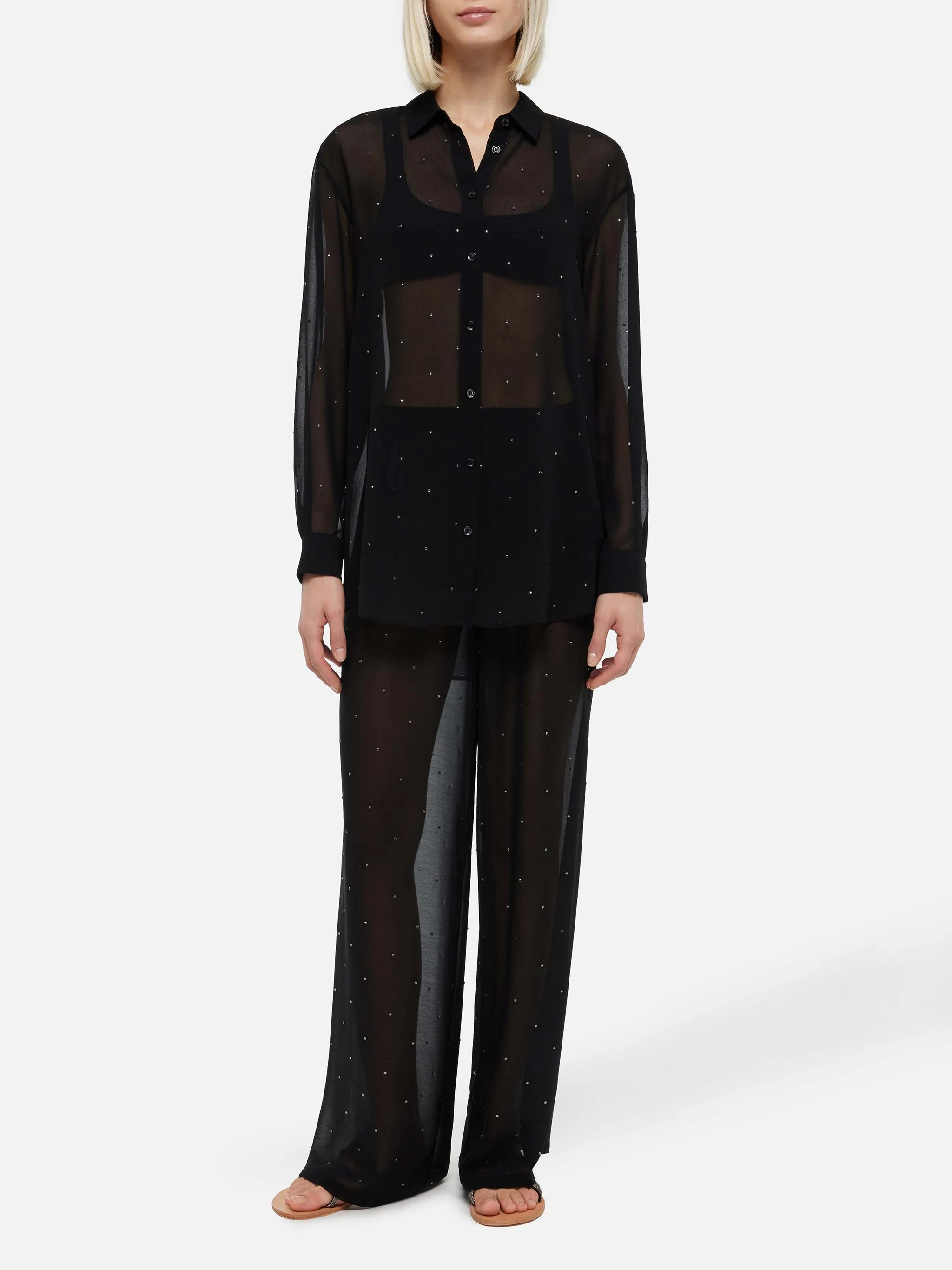 Pantaloni ampi Amalia in georgette nera con strass - Image 2
