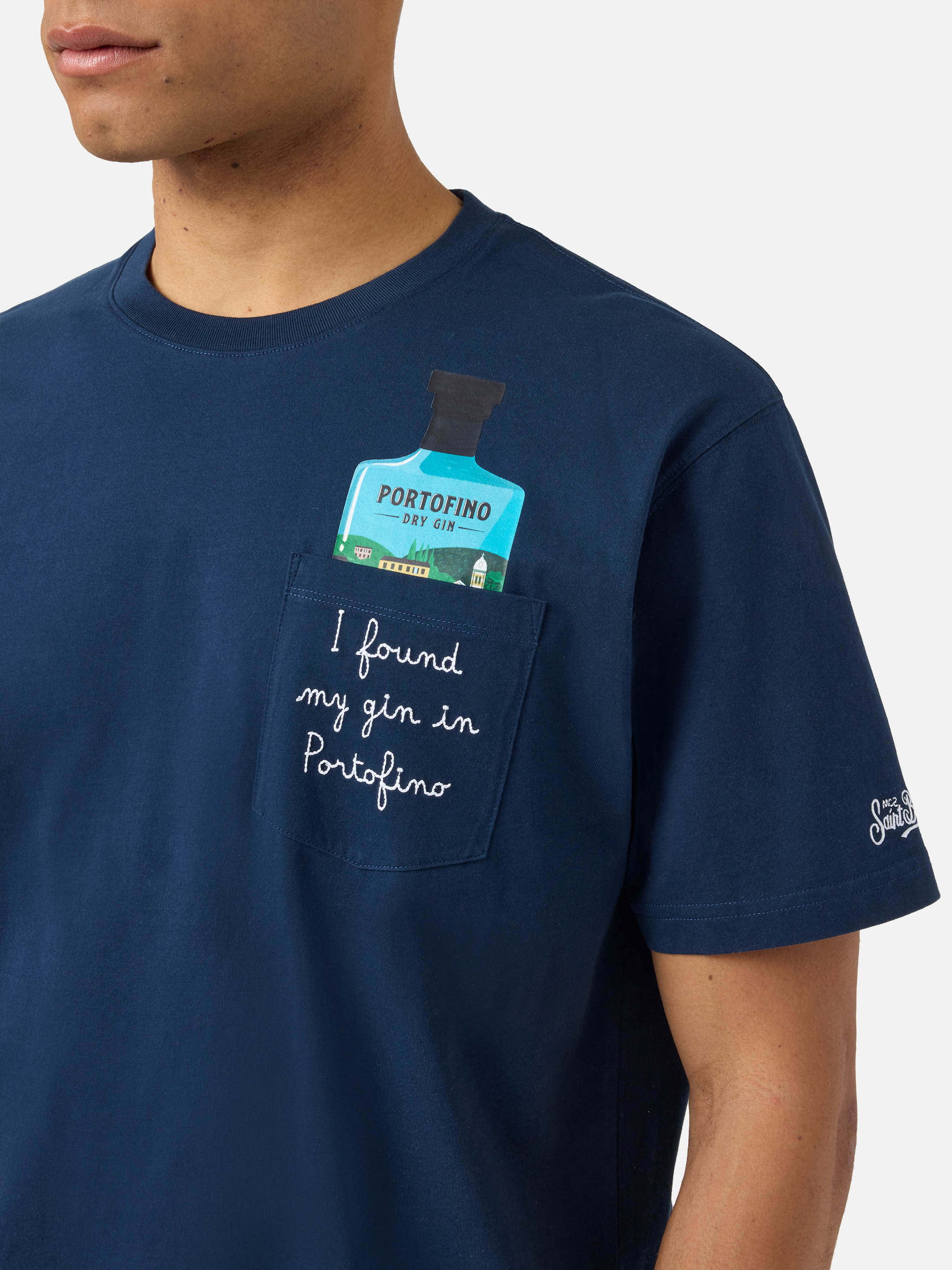 T-shirt Austin blu con ricamo I Found My Gin In Portofino | Special Edition - Image 2