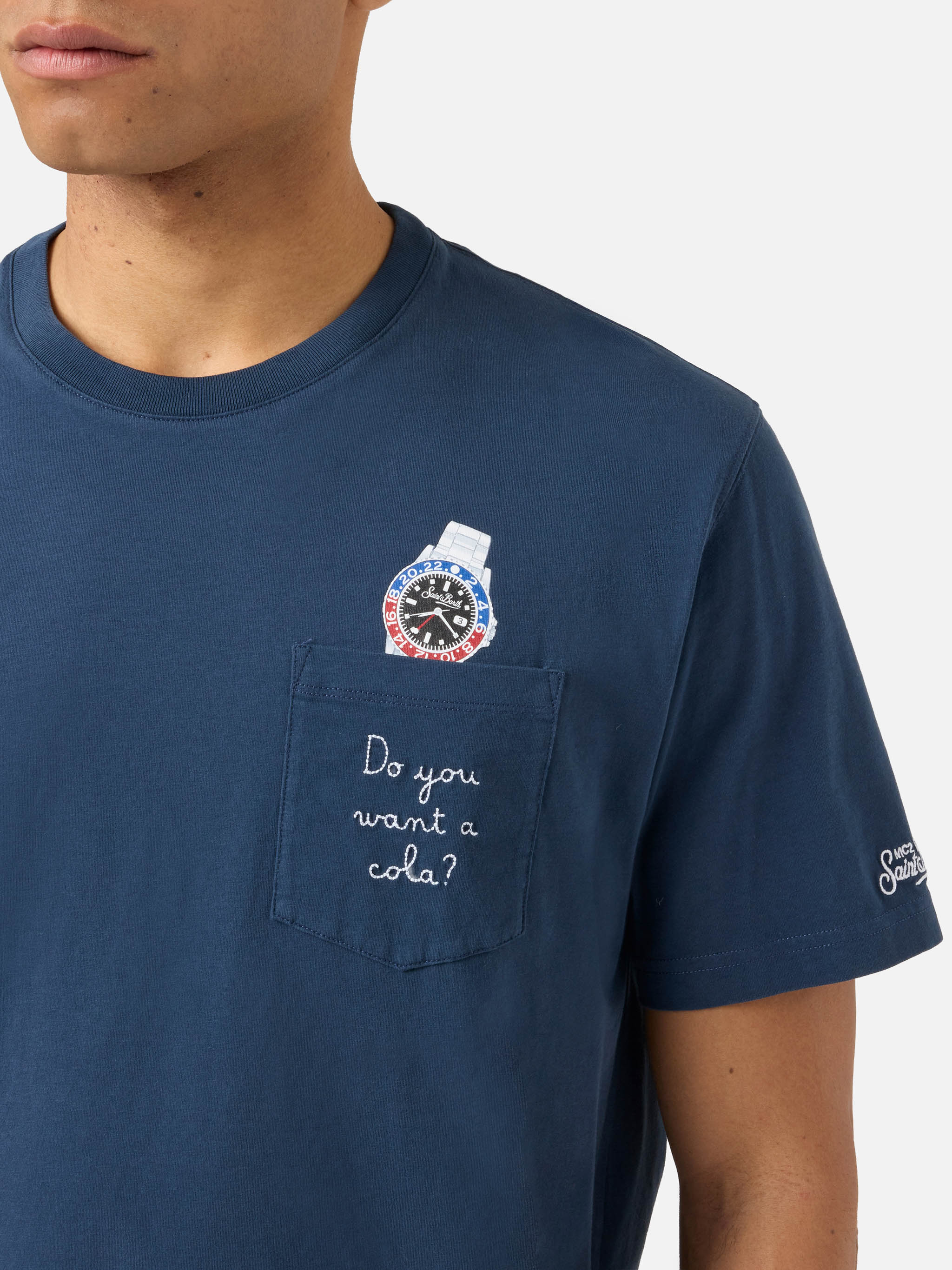 T-shirt Austin blu con orologio e ricamo Do You Want A Cola? - Image 2