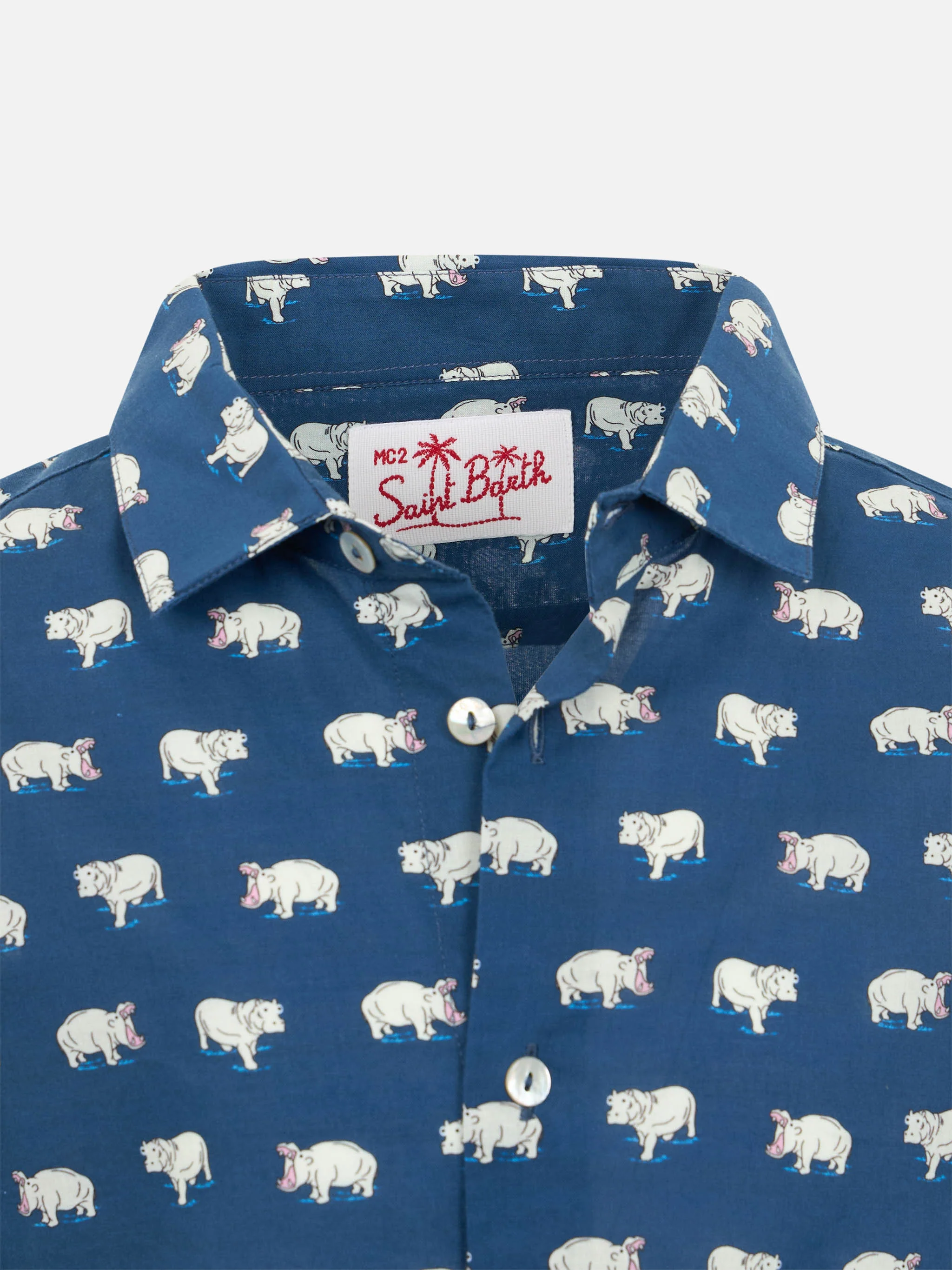 Camicia in mussola di cotone Blue Boy Sharouk con stampa micro ippopotamo - Image 3